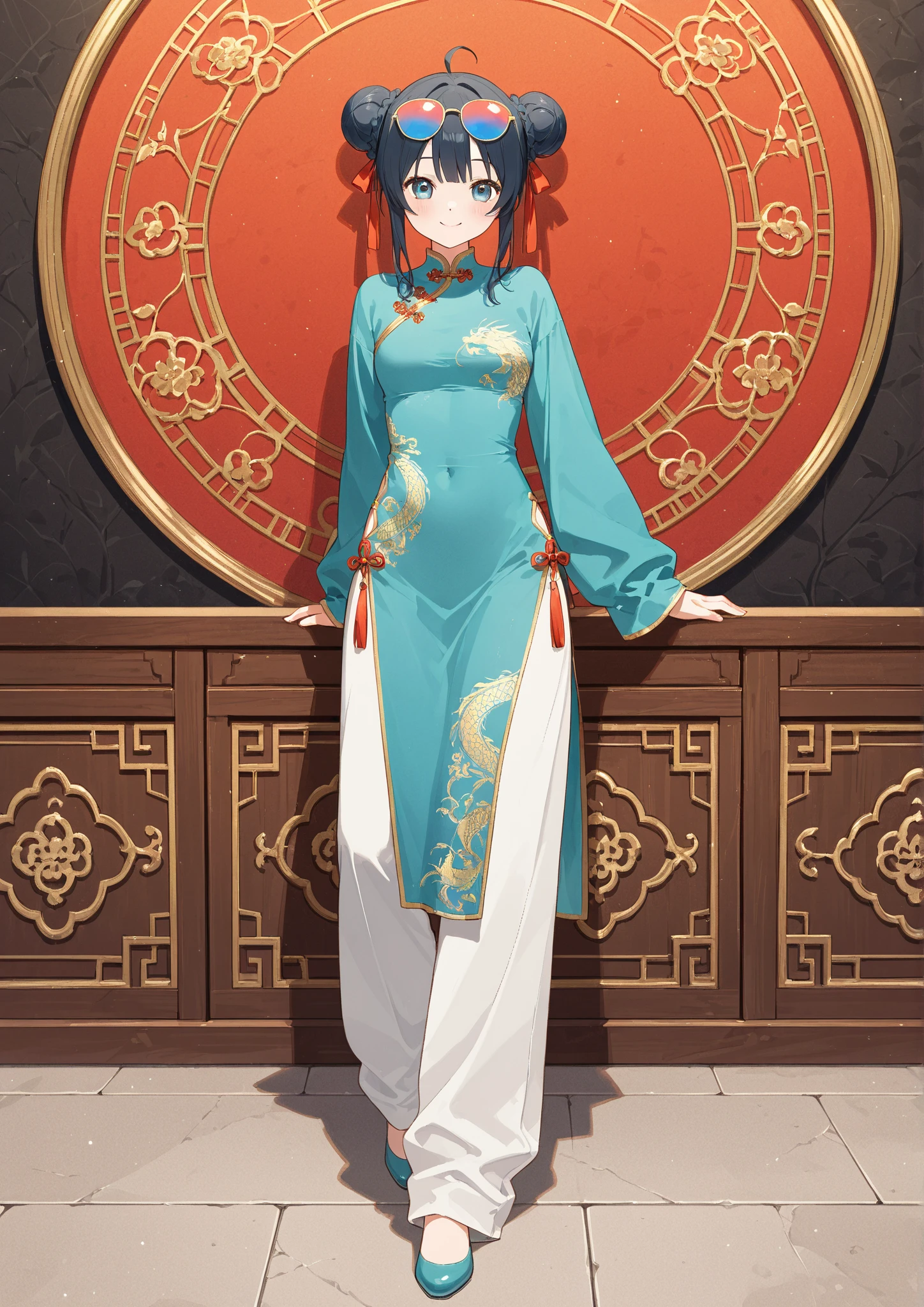 (masterpiece, Highest quality:1.2), Cowboy Shot, alone, 1Other, Lung-hsien, Both have, Virtual YouTuber, smile, View your viewers, peace sign, Ahoge, Single Blade, Chinese clothing, pants, Earrings,  shoulders,