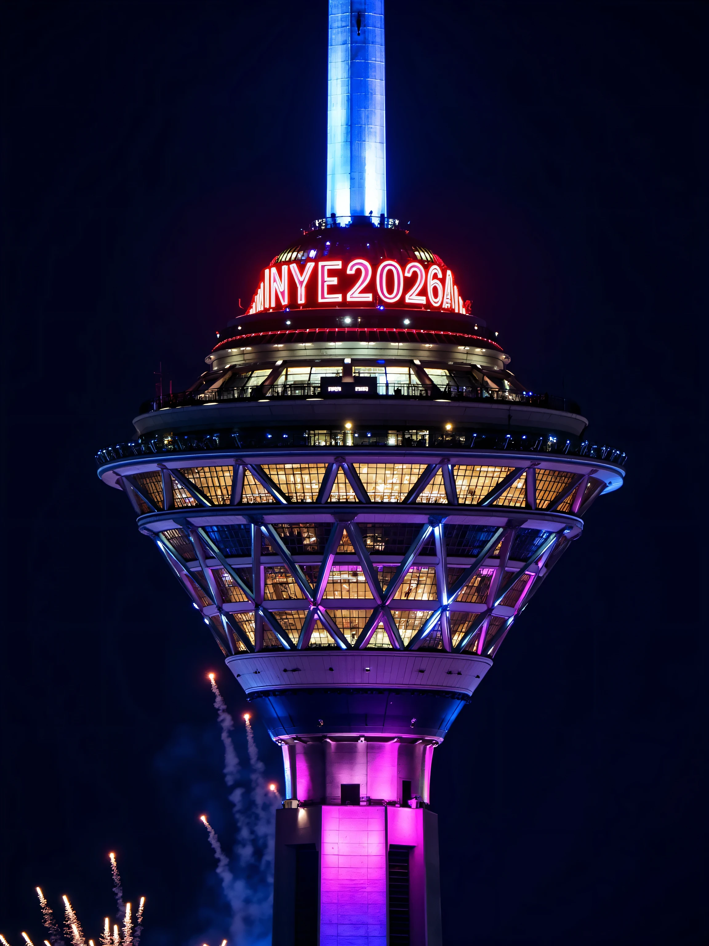 MiladTower viewed from a helicopter, the tower is painted blue pink and purple with speckles of black, the paint is luminescent, the time is night time, there are fireworks, there is neon text on the top of the building reading "NYE2026"