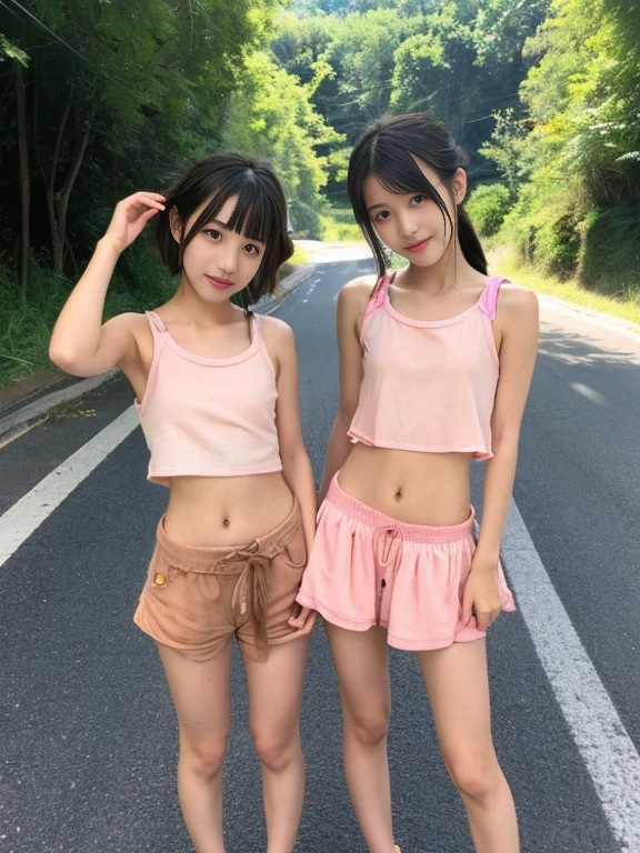 2 Beautiful petite little girl wear light pink sailor skirt with acessories with cute headband on a short shaggy hair
On a outdoor classroom
Mysterious face
Beautiful and cute face
Realistic