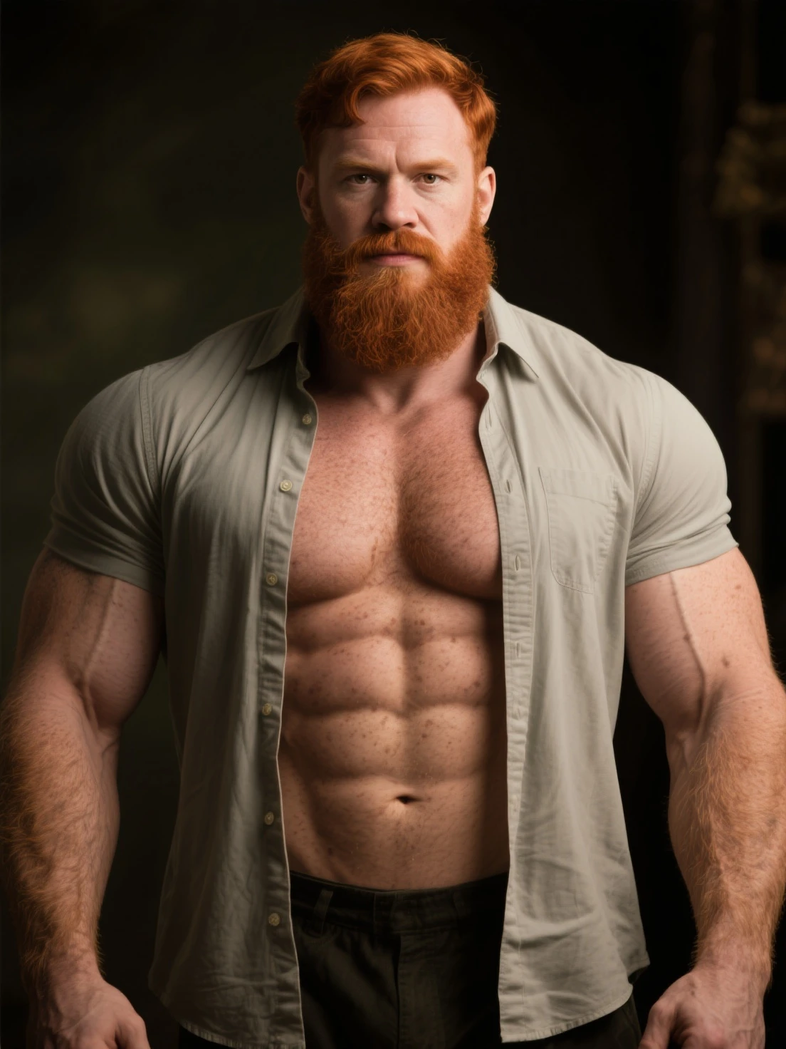 Masterpiece, Best Quality, Ultra-Detailed, muscular, bearded, thick mustache, imposing man [intense look], Intimidating presence, male figure,[imposing shadows],gritty realism, extreme detailed description, wide shoulders, green eyes, detailed eyes, brilliant eyes, handsome eyes, red hair, ginger hair, ginger beard, [chin stubble], imposing silhouette, bright colors, distinctive beard style, sharp focus,  (((black jeans))) (((backside))) (((acostado de espaldas boca abajo))) (((Big )))