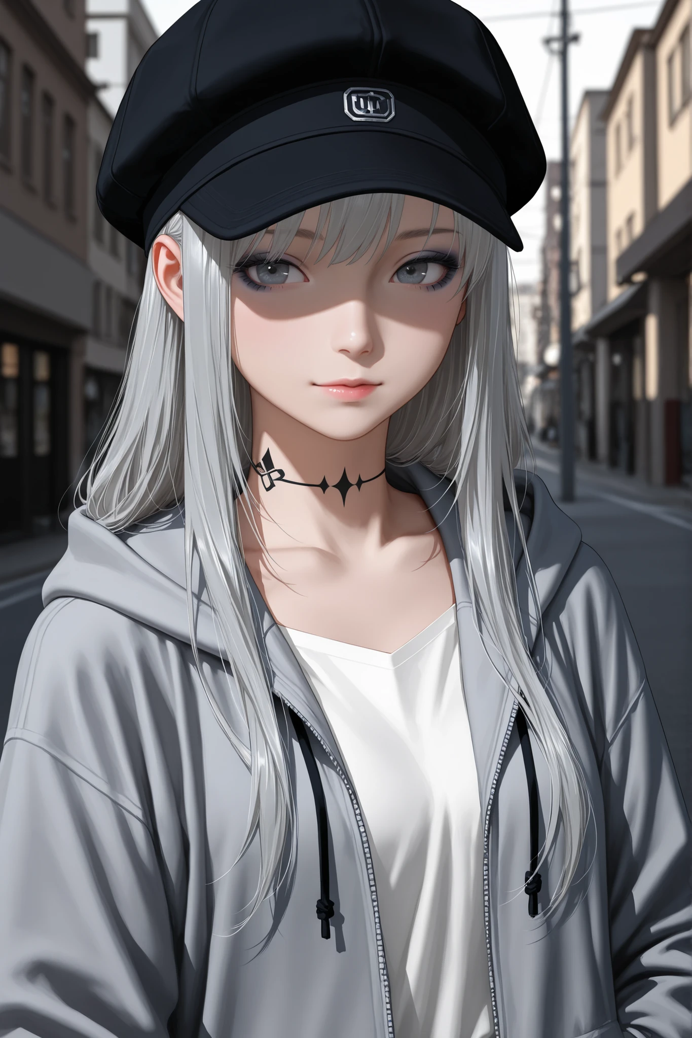 Stylish anime girl with long flowing silver hair, wearing a hooded jacket and a cap, confident cool expression, soft evening light casting gentle highlights, subtle makeup, detailed eyes, delicate tattoo on neck, realistic fabric textures, modern urban atmosphere, cinematic mood, high quality, ultra-detailed, UHD resolution.