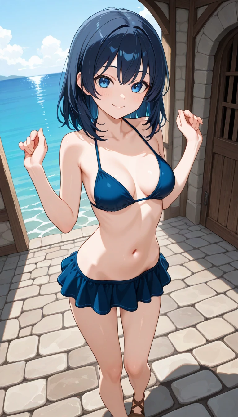 highest quality、realistic、young、boy、Japanese、、sit、light blue bra、light blue panties、sunburned skin、sweaty skin、swollen crotch、smile、peace sign