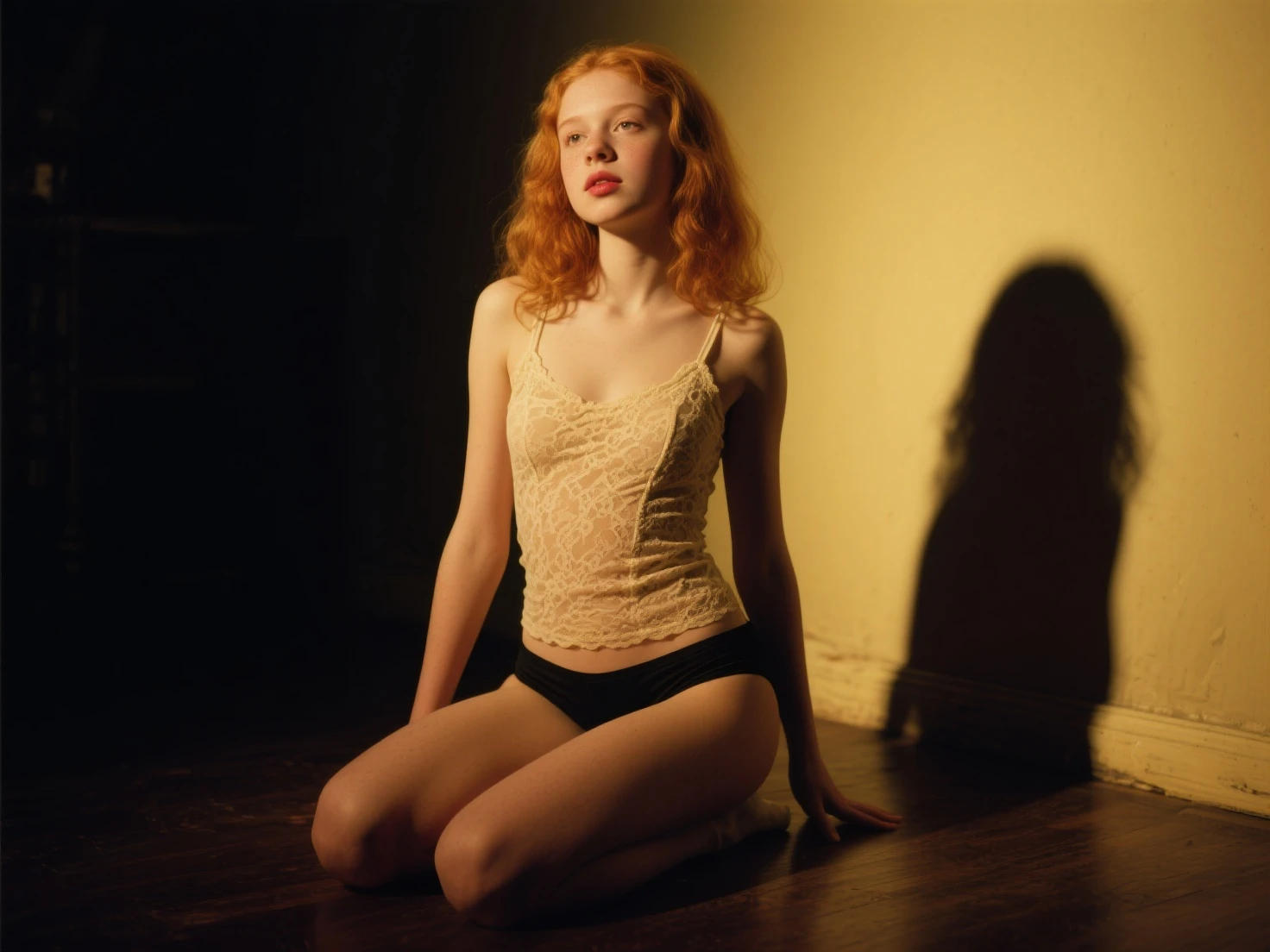 cinematic film still of  <lora:Kodak Vision3 200T style v1:0.8>
Kodak Vision3 200T a pale skin white red hair woman sitting on a chair with her legs crossed, cinematic film style, perfect cinematic image, perfect body, perfect anatomy, sharp cinematic image, detailed cinematic image, Kodak cinematic film color style, high quality film photography style, Kodak Vision3 200T style, solo, breasts, short hair, brown hair, thighhighs, sitting, underwear, panties, full body, bra, white thighhighs, chair, underwear only, white bra, dressing, closed eyes, white panties, border, plantar flexion, thighhighs pull, black border, knee up, socks, artist name, from side, profile, no shoes, on chair, traditional media, adjusting legwear, shallow depth of field, vignette, highly detailed, high budget, bokeh, cinemascope, moody, epic, gorgeous, film grain, grainy