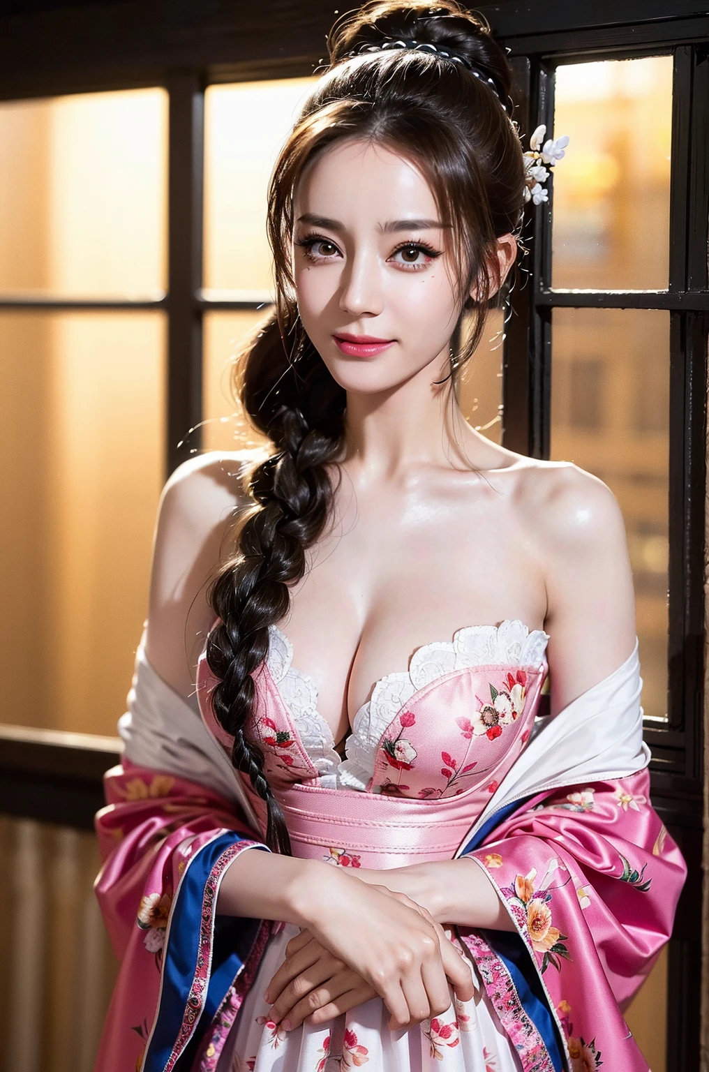 Close-up of a woman taking a photo wearing a robe,(((Striptease))),(((Sexy pose:1.3))),(((clothes on hangers:1.3))),(((Red underwear:1.3))),(((Robe))),(Cleavage:1.3),(Wearing a simple grey robe:1.3),Cute Face,(Shiny silver hair,Floral knit headband,Half Up、Floral braided space buns,Voluminous fishtail braid,),(The bangs are see-through),hairpin,hair ornaments,Blushing、Pointed red mouth、Perfect round face,iris,(Perfect body curves),Big Breasts.Wet Hair、Wet clothes、Wet Skin、Professional Lighting,Cinematic Light,(Tabletop,highest quality,Ultra-high resolution output images,) ,(8K quality,),(Picture Mode Ultra HD,)