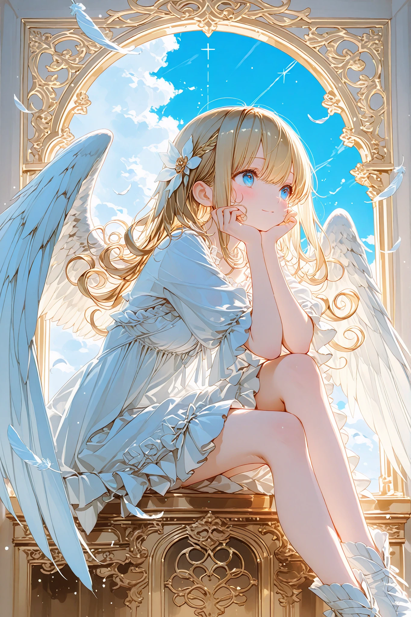 top quality、Masterpiece、Ultra High Definition、Close-up Portrait of a Woman Above Knee、Graceful Gesture Bringing White Feathers to My Shoulders、Moment I Close My Cheeks to My Feathers、Curly Gold Hair Framing My Face、Blue Eyes, Pensive Eyes、White Chiffon Blouse、Hands and Wings Crossing Above My Knee、Morning Light Illuminates the Skin、Soft Focus on Background、delicate fingertips touching feathers、thoughtful expression、Frame Composition from to Knee