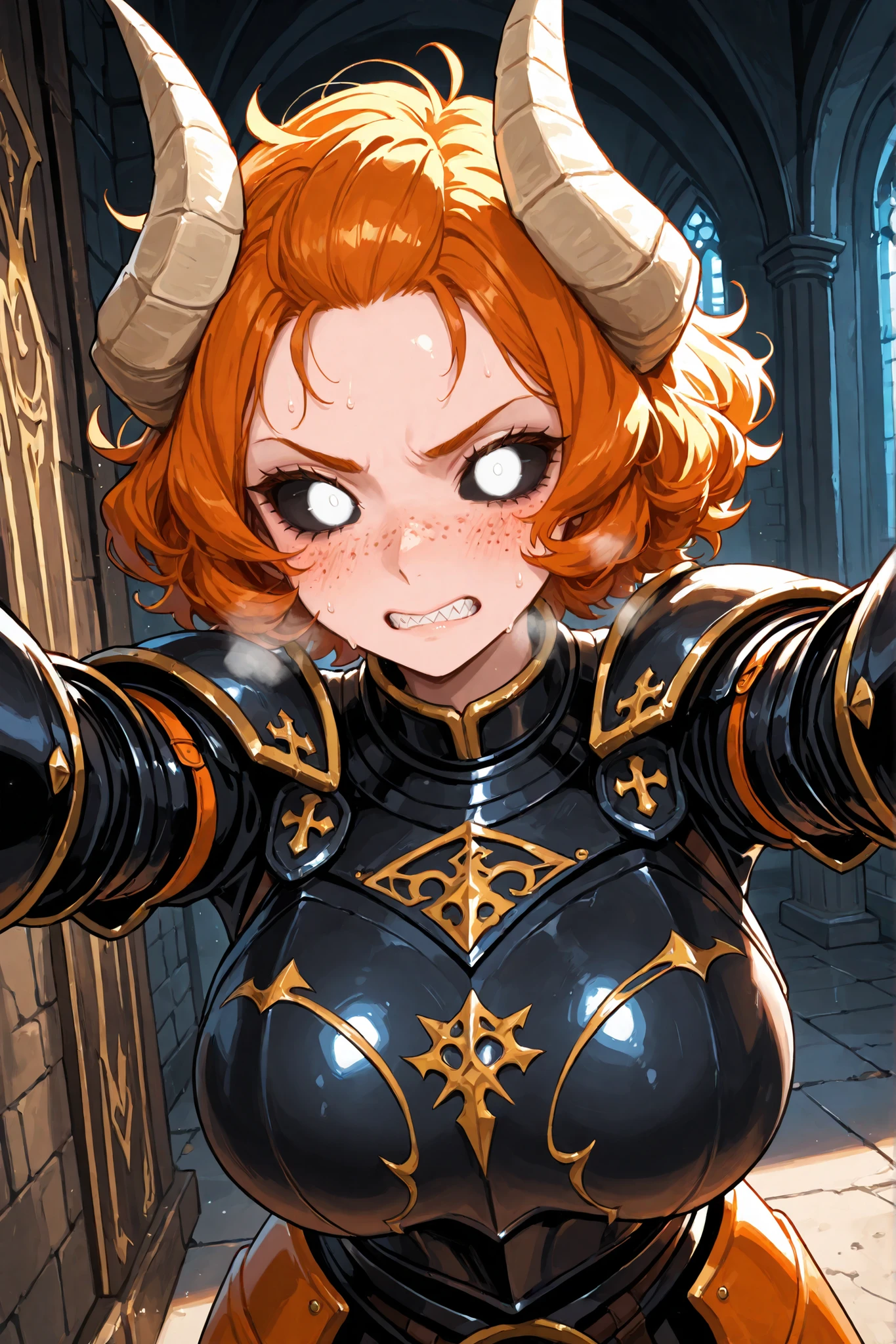 1girl, demon girl, demon horns, thick horns, one horn broken, beige horns, very curly hair, ginger hair, short hair, messed up hair, forehead, freckles, freckles on cheeks, blush, caught off guard, wide eyes, black sclera, clenched teeth, sharp teeth, white eyes, plate armor, black armor, orange armor decals, fantasy, big breast, pins viewer to a wall, kabedon submissive pov, looking at viewer, heavy breathing, sweat, indoors, demon lord castle, castle background, pillars, indoors, best quality,