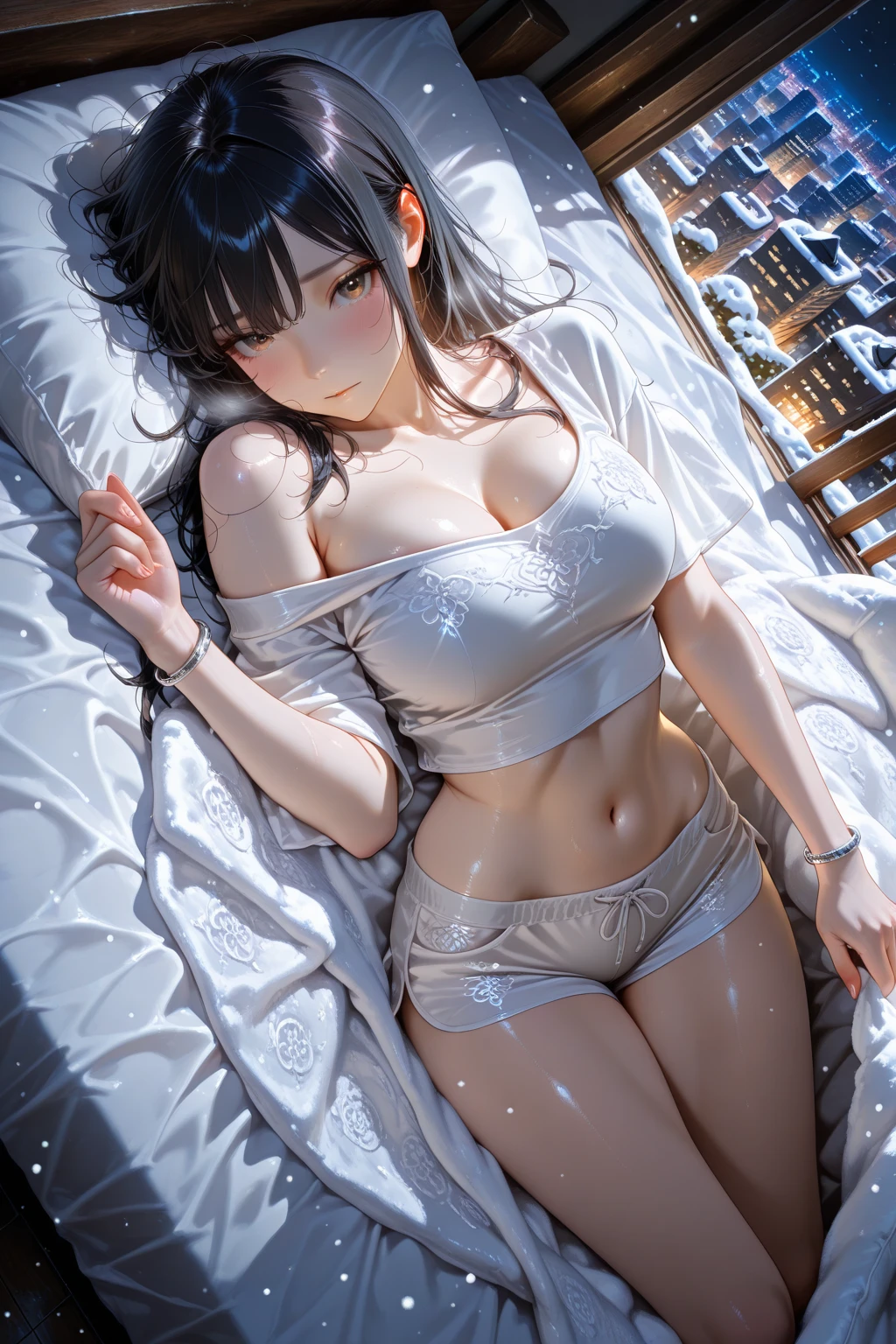 there is a woman laying on a bed with a cell phone, seductive girl, ?????, hyperrealistic, highest quality illustration, detailed illustration, smooth cg art, Unreal Engine, CG art, 8k, (masterpiece:1.2), realistic photo, ultra-detailed realistic photo
