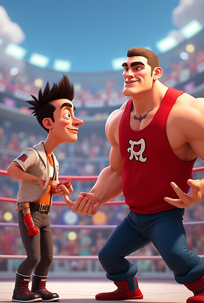 Mr. Gabriel , best quality, boy, solo, dark blonde hair, rounded face, fat face, blue eyes, smile, black beard with white threads, chubby, black red paparazzo, short hair, smile, short sleeves, shirt, flamengo crf shirt, 3d, full body, pixar style, 8k, 3d