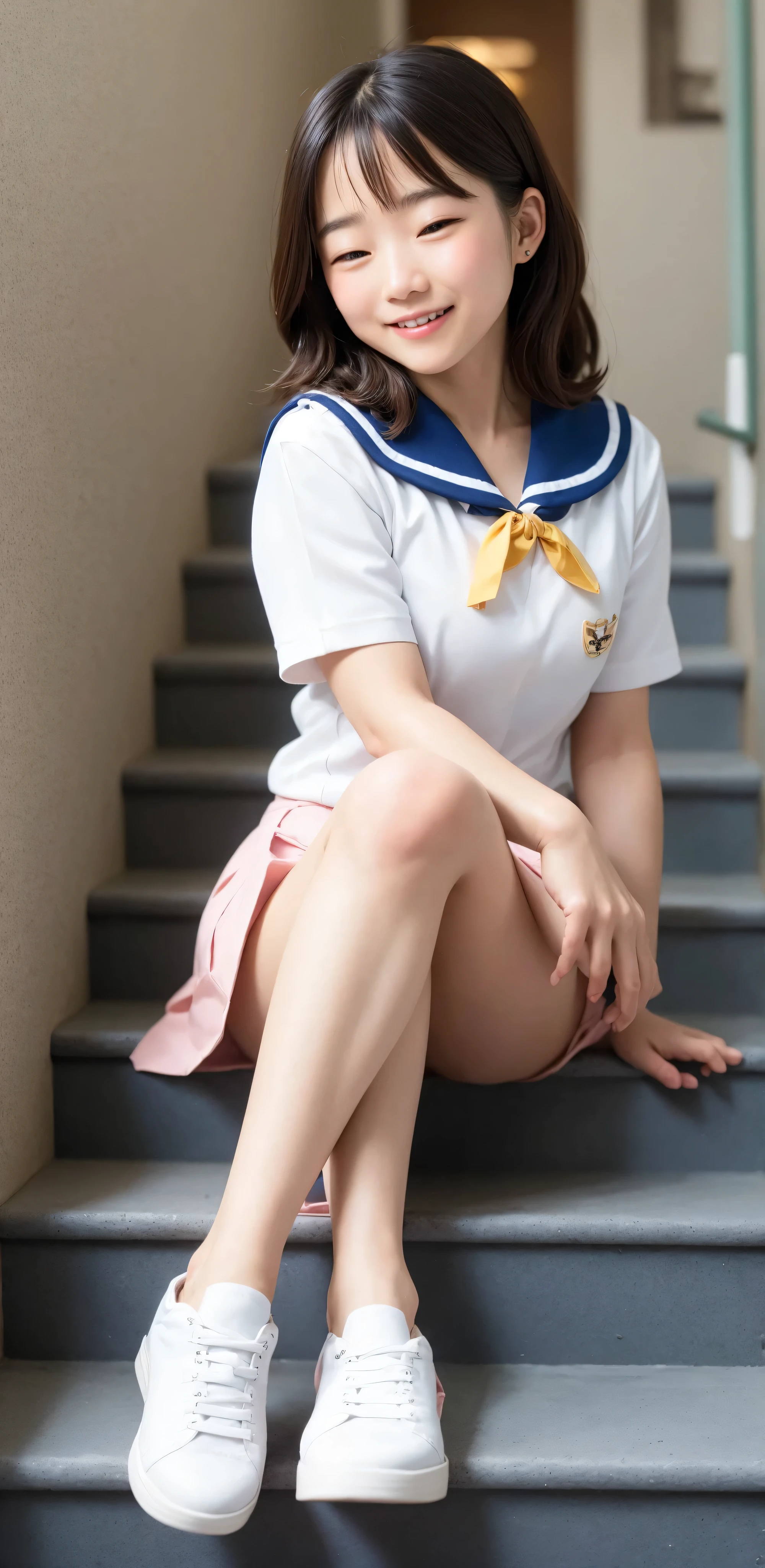 8k Wallpaper,younger、 sailor suit、白色の sailor suit、 miniskirt、 sitting on the stairs、 slim figure、 girl、 Stylish Hairstyles 、 sitting on the stairs、半袖の sailor suit、My stomach is split in two and I can see everything、 Tight Waist、 Simple white sneakers,perfect dynamic configuration,actual image、 top quality,happy expression、womanhood大学生,幼さの残る可愛い girl、 cute girl、womanhood、 Realistic Textures 、close your eyes and smile、 cute smile、 amazing section,Natural lip shape,Natural Eye Shape 、size、 beautiful detailed eyes