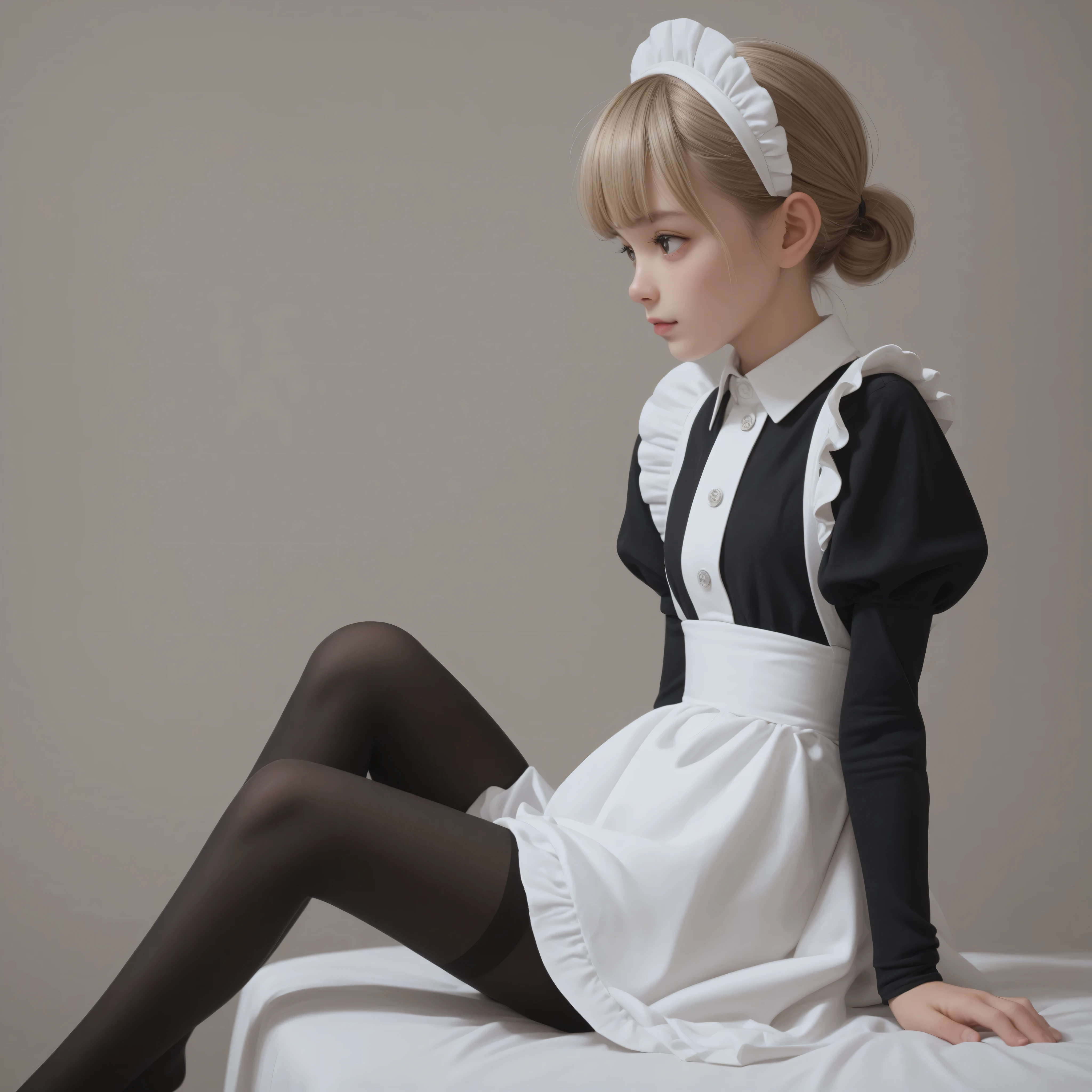 1 girl、maids、(Smile Yan:0.3)、is looking here,sitting、 thin tights 、From the side、open both legs,(younger:1.5),(skinny:1.1),Japanese