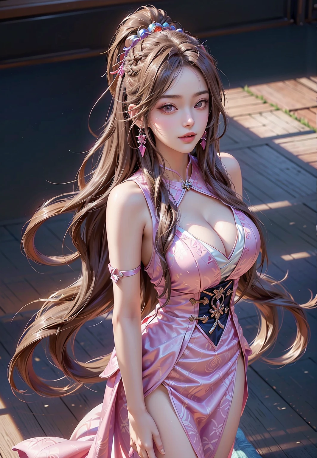 A photograph of a woman. Natural skin, long and voluminous hair, sharp eyes, a thin and upturned nose, shapely lips, an hourglass figure, typical clothes and make-up makeup, intricately detailed, vibrant, epic, smooth, cinematic, HD, backlit, and a shallow depth of field.