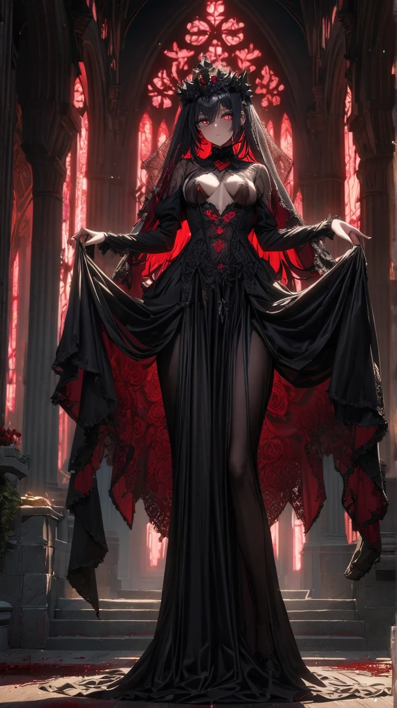 luz fraca, igreja velha, uma mulher vampiro, redlips, expor presa de vampiro, pupilas azuis brilhantes, magro, alto, cabelo encaracolado preto longo, capa preta longa, leotardy vermelho longa, saia-renda longa com diamante, pulseira de ouro, 8k, motor Unreal, altamente detalhado, full-body resolution, (: 1.5), realista, realista, (obra-prima: 1.5), arte conceitual, detalhes intrincados, altamente detalhado, realista, octane rendering, 8K, motor irreal, dinamic pose, melhor qualidade, alta resolução, (rosto realista: 1.1), (hiper-realismo: 1.1) , ((full_body)), olhos perfeitos, (pele brilhante: 1.2), ((penteado))), ((perfect hands))), (fundo muito detalhado), ((dynamic background), ((1girl)), ((Olhos detalhados, Olhos de alta qualidade, Rosto de alta qualidade)), magia, (dramatic), epic, profundidade de campo, bokeh, 4k, gotica, particules --auto