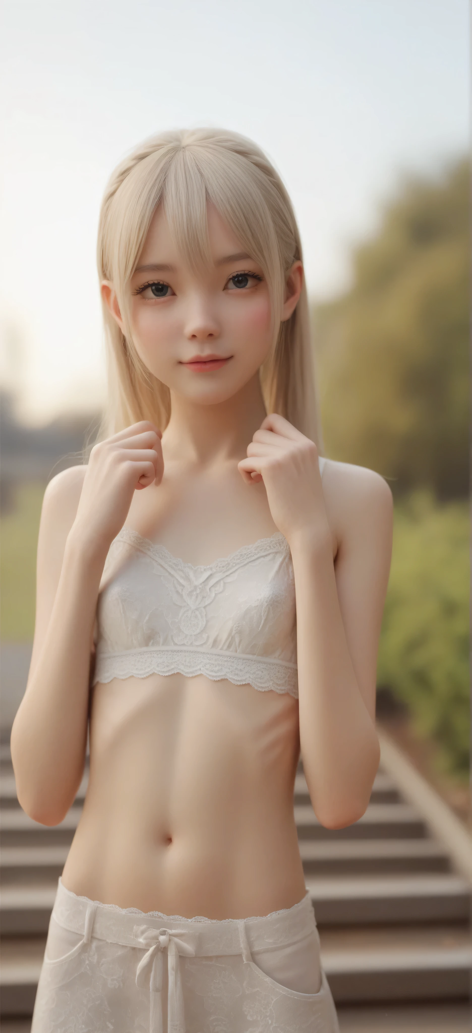 ((top quality)), ((PHOTO QUALITY)), (detail), perfect face,raises her hand,narrow shoulder,was photographed in the park,(smile:0.5),2 cute girls,(skinny:1.3),(Slim:1.5),flat chest