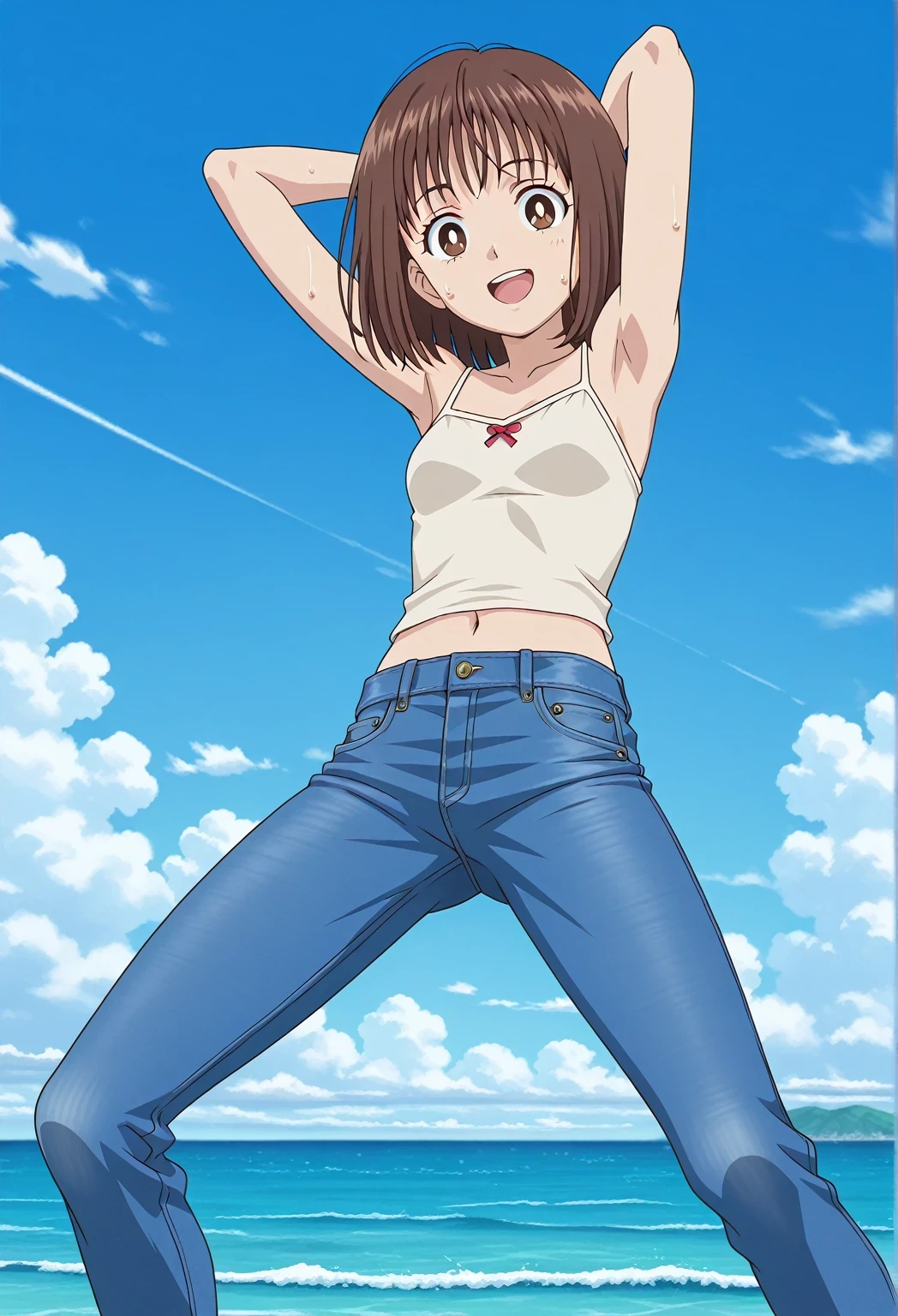score_9, score_8_up, score_7_up, source_anime, highres, hi res, ((best quality, top quality, perfect quality, Highest Quality, amazing quality)), {{masterpiece}}, {{an extremely delicate and beautiful}}, 2d, intricate details, official style, anime, 8k, anime style, official_anime, official art, digital painting, cell shading, soft shading, high resolution, soothing tones, Subdued Color, Soft cinematic light, adobe lightroom, photolab, HDR, intricately and hyper-detailed, ((high quality animation)), 1 girl, Alone, solo, ((ocean)), tsunami, on the water, day, sunny, outdoors, sky, windy, yosugiww, Nohara Hiroshi's Lunch Style, brown eyes, white pupils, brown hair, medium hair, bob cut, anime coloring, anime screencap, small breasts, light beige camisole top, crop top, light beige crop top, best quality, hyper-detailed jeans, ((blue jeans:1.9)), (dark blue jeans:0.6), medium body, medium shot, Open mouth, small smile, sweat, standing, hyper-detailed arms, ((arms behind head:6.0)), ((perfect arm line:3.5)), ((hyper-detailed arms:2.5)), balance arm, raise elbows, bowlegged, natural stand pose, action, looking at viewer, spread legs, Bend knees slightly, from below