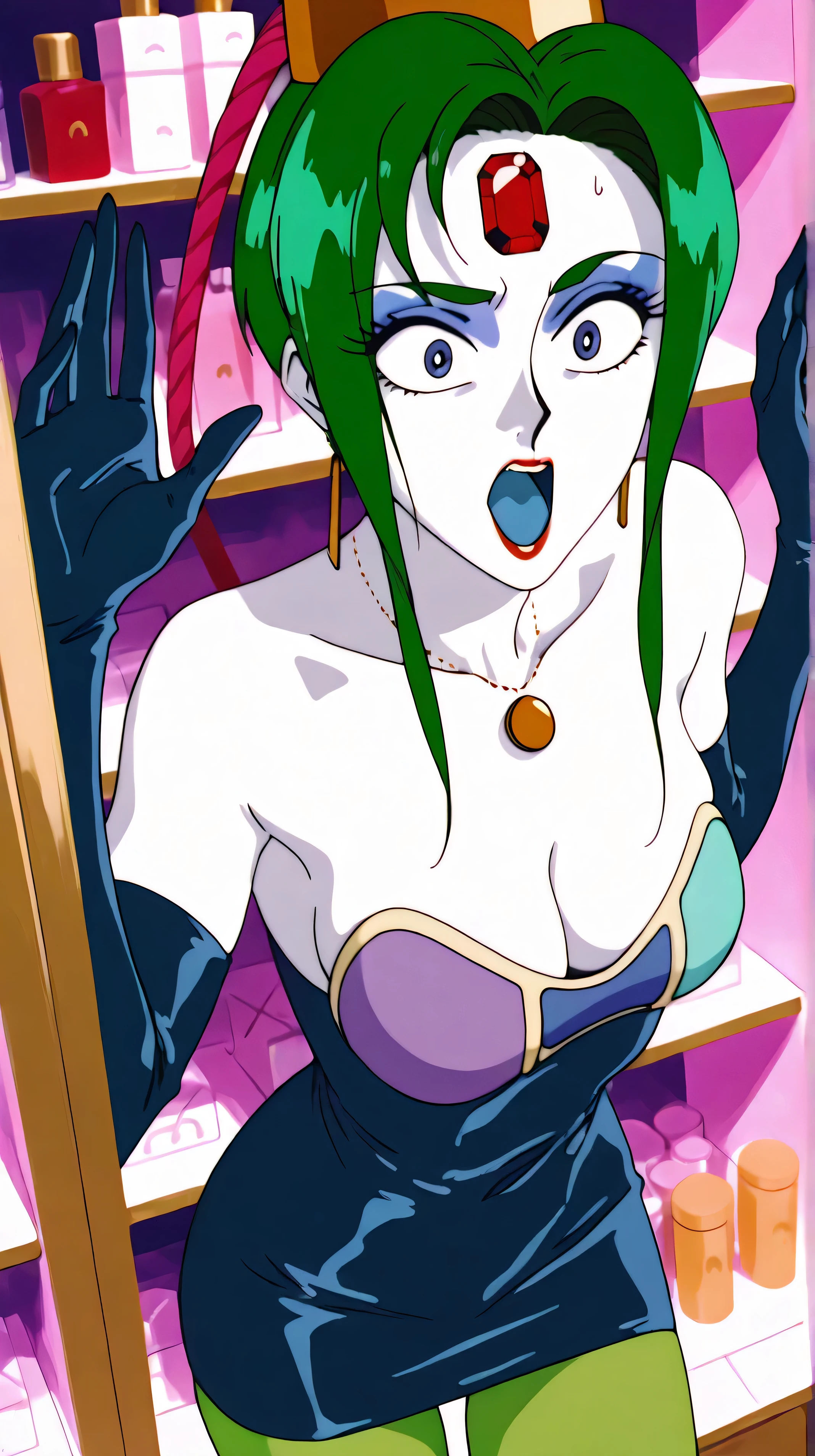 score_9,score_8_up ,score_7_up ,so pretty:5.0, masterpiece, High Definition, ,she has a perfect face:5.0, very cute face, full nude :5.0, retro anime style, , heavy makeup:9.0 , green hair, white skin:5.0 , Red jewel on forehead, red lipstick, big bright blue eyes, very surprised expression , , , , gold round necklace with raised hands, Slightly slim, 顔up,without nipples, very large eyes, Very dark eyeliner, cosmetic shelf, Wide Open Mouth, Blue Tongue, very desperate face, very thick eyeliner, I look back at the store, I took a step back, I begged for my life, I'm scared, top angle, white cosmetics store shelf, dark blue latex bodycon dress, green pantyhose, dark blue super long gloves, gold cap with red hose, very wide open hand