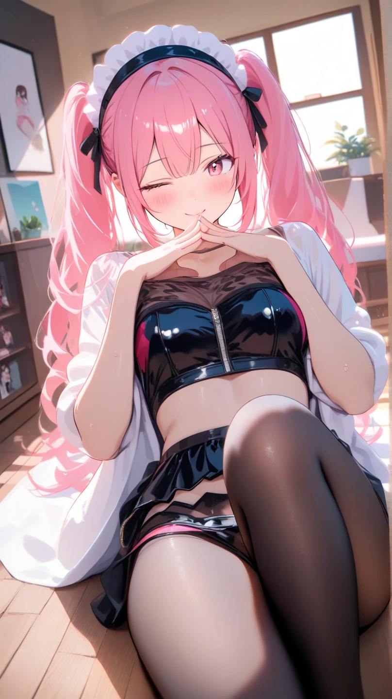 one-girl，Full body in camera，full bodyesbian，C cup,（tmasterpiece），（best qualtiy），（A pink-haired，long whitr hair：2，White flower decoration，White hairpin），（black pantyhoses，lacepantyhose，stocklings，Full body pantyhose），（Black bandeau cheongsam，Silk cheongsam），Bare back，Shoulders exposed，Chest exposure，（panties are visible：1.5，White panties），鎖骨，（Hold your cheeks with your hands，tilts your head），（cuteexpression，ssmile，Playful），Be red in the face，Ah hey Yan，（Be red in the face，putting makeup on， Blushlush），（White high heels，Pink cherry blossom decoration），（Light red carpet，Golden decoration），SakuraNS， the night，have to pee，Pee，pissing，Pee yourself，Top lighting，16k，High- sharpness，high qulity，wide wide shot，Bright colors，Hand detail，Exquisitehands