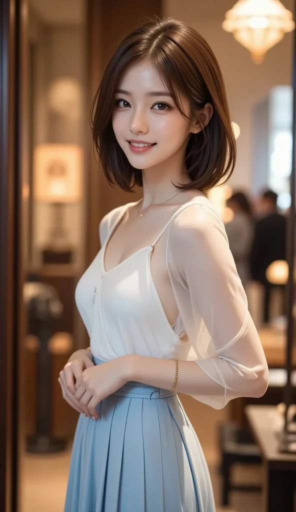 8K, table top, RAW photo, highest quality, realistic, Highly detailed CG Unity 8K wallpaper, Depth of bounds written, cinematic light, Lens flare, ray tracing, (very beautiful face, beautiful lips, beautiful eyes), face with intricate details, ((super dense skin)) 1 girl, in the dark, deep shadow, cute korean girl, Flashy makeup with red eyeshadow，her shortcut, Delicate light brown hair is slightly disheveled with side waves.，wearing large ring earrings，K-POP idol, 1 girl, (very slim and slender fit muscular body:1.3), ((looking at the viewer)),(big smile:1.3),  (sleeve fashion city night, Hand Precise，dark night, (neon sign), (blurred background), fashion street night),(no people in the background:1.3), beautiful earrings, bracelet, necklace, pantyhose, clear eyes, walk, (white skin), (big eye ace forward, ((upper body shot)), ((super mini color silk dress:1.3)),(brown hair),((tight fit lace dress)), (See through), open ?????, very slim, ??????????????, backtracking,((buckshot)), See through, Medium ????, Ultra Super Mini Skirt, updo hair, 