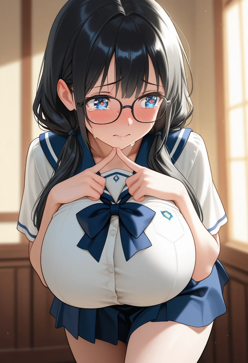 masuter piece、Best Quality、Evening Classroom、girl with、short stature、Dark hair、wears glasses、Braids、Sober girl、thick lip、plump lips、Colossal tits、gargantuan butt、Thick thighs、a sailor suit、a 、white 、Embarrassed look、heart、 pose、Chest being touched