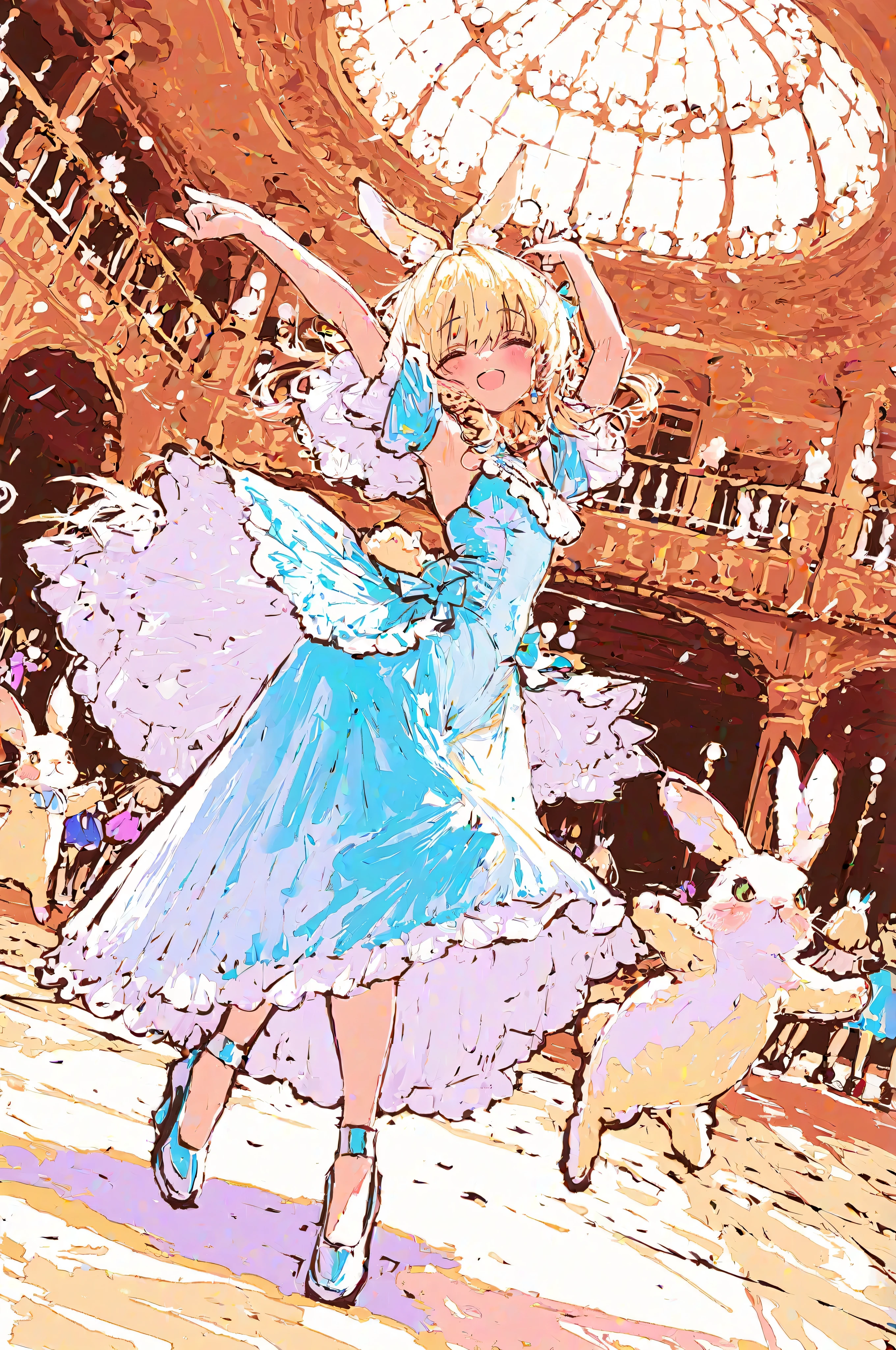 top quality,masterpiece,absurd,Newest,(The rich structure of the story:1.3),
(((ネズミのドリームランドにてdreamと魔法に包まれた空間でDancing Pretty Girl and Rabbit))), Dancing Pretty Girl and Rabbit、in a blue dress、dreamのような静かな雰囲気を作り出しています,drawn by Claude Monet,(colorful,cute,sexy,dream