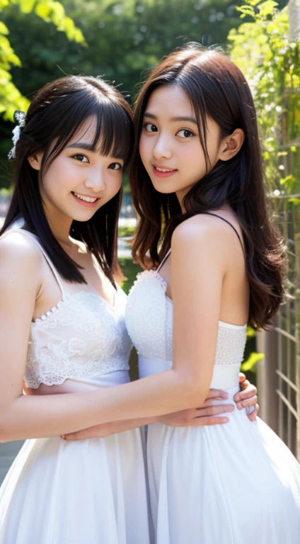 Two girls standing at ear window in school classroom,White dress,break,bangs,smile,Short hair with low pigtails,from before,Front light,((Little girl at 14 years old、slender、delicate、Sexy clavicle and flat chest、Very small breasts))、My whole body is soaked