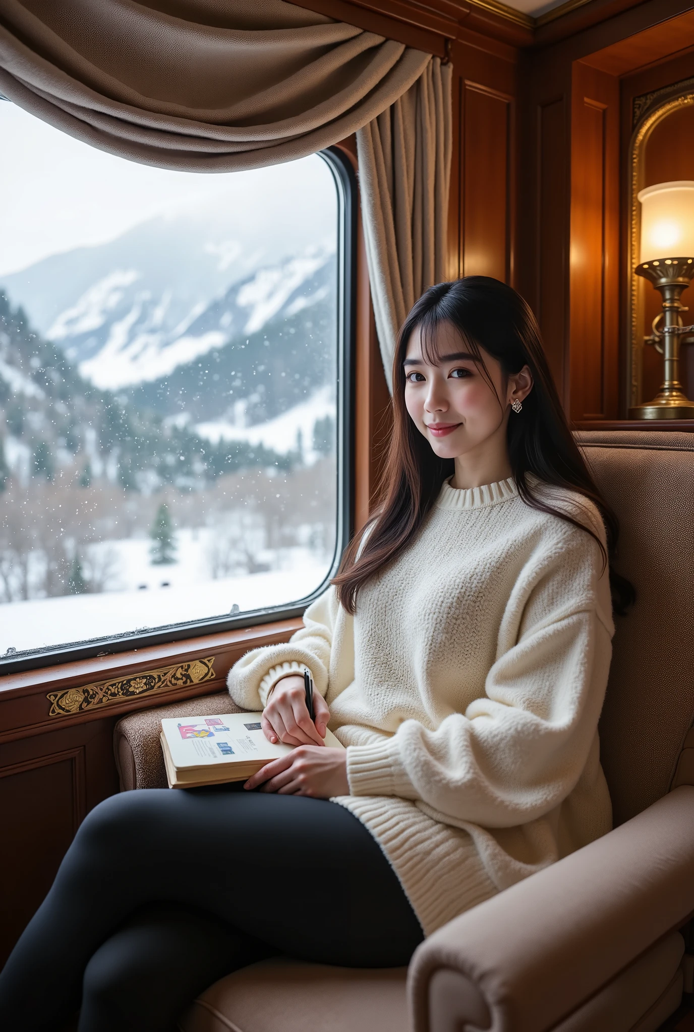 (highest quality), (best quality), (Super detailed), (Photorealistic:1.2), High resolution, 8K, perfect composition,(high detail), (1 japanese beautiful idol:1.1), detailed eyes, Beautiful double eyelids, (straight hair,blunt bangs), (huge breasts:1.2),thick thighs, train during winter journey through mountains, wearing comfortable yet stylish travel attire including oversized cable-knit cream sweater, simple gold pendant necklace, and comfortable leggings, warm light from vintage train reading lamp, expression showing mixture of excitement and peaceful contentment as she writes in travel journal, positioned in comfortable window seat of private sleeping compartment with curtains partially drawn revealing nighttime winter wonderland beyond, frost patterns forming along window edges creating natural frame for snow-covered mountain landscape visible in moonlight, occasional tunnel passing by momentarily turning window into mirror reflecting her contemplative expression, sleeping compartment featuring rich mahogany paneling with brass details, narrow bunk bed with crisp white linens partially visible, vintage travel posters advertising scenic destinations decorating walls, personal items suggesting extended journey including partially unpacked overnight bag, collection of train tickets from various stops, polaroid photos from earlier parts of journey arranged on small fold-down table, steaming cup of hot chocolate with melting marshmallows beside leather-bound travel journal filled with handwritten observations and small sketches, composition capturing perfect balance between cozy intimate sleeping car interior and vast snowy wilderness passing by outside, photorealistic style with atmospheric lighting enhancing emotional depth, image con