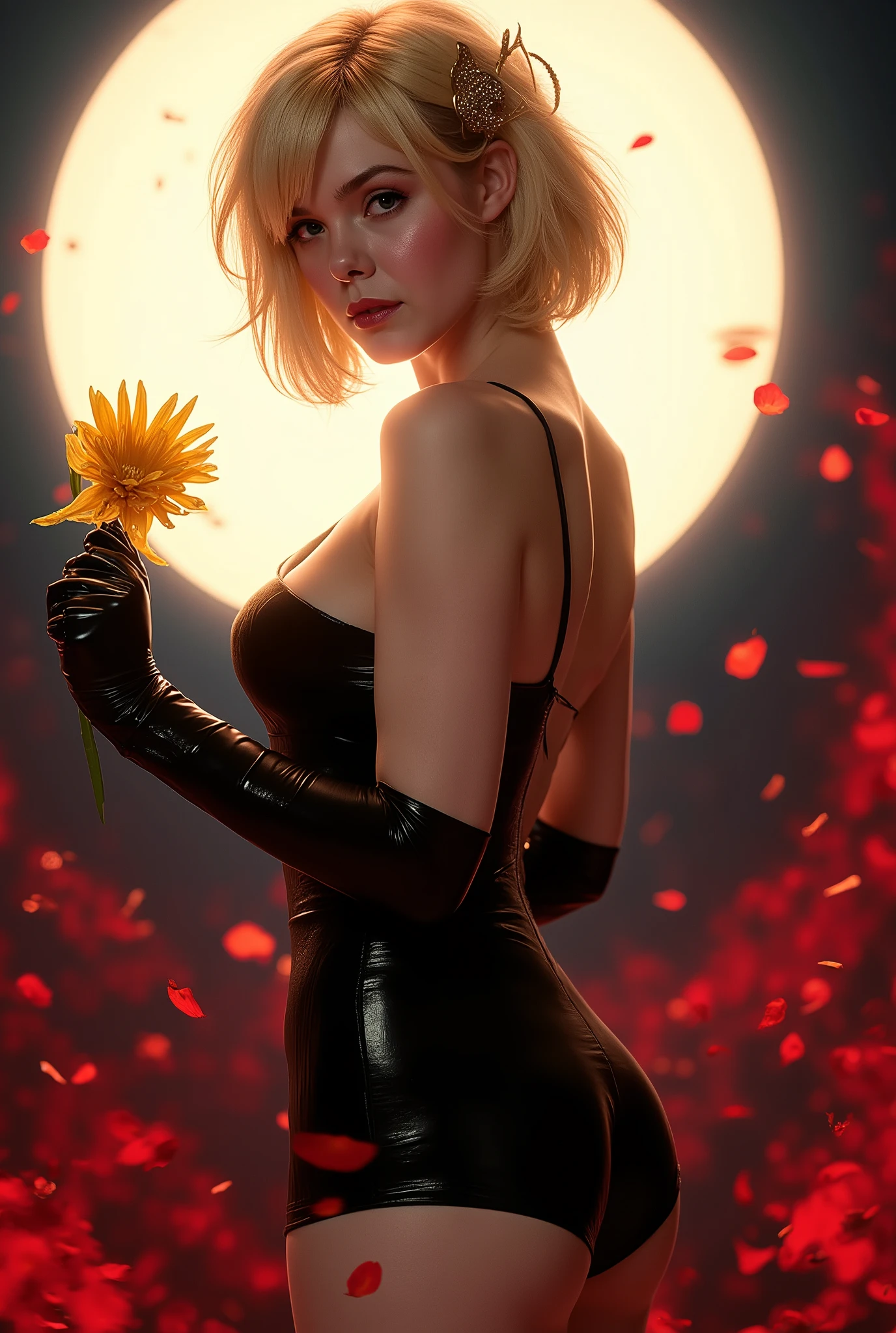((ELLE FANNING features: 1.7)),Photo, (((Epic realism: 1.8))), (((Full body shooting angle: 1.8))) Elle Fanning, Photo ultra realista de una chica haciendo cosplay de Yor Forger, an impressive cosplayer ( 22-25 years ), with short wavy blonde hair, light-eyed, slightly tanned skin, athletic and feminine body, small  and hard , toned legs, round  and flat abdomen. She wears a sensual version of Yor Forger's black killer costume. She wears a black latex dress with a wide neckline, exposing her beautiful  with her  back, a hair ornament with gold details and long gloves. Holds a flower with a golden hand with a very  pose leaning towards the spectator, with an intense look and a  and mysterious expression. Background with a bright full moon and red petals in the air and suspended dust.  are appreciated. (((adult content: 1.8))). (((exposed : 1.9))) (((: 1.8))
