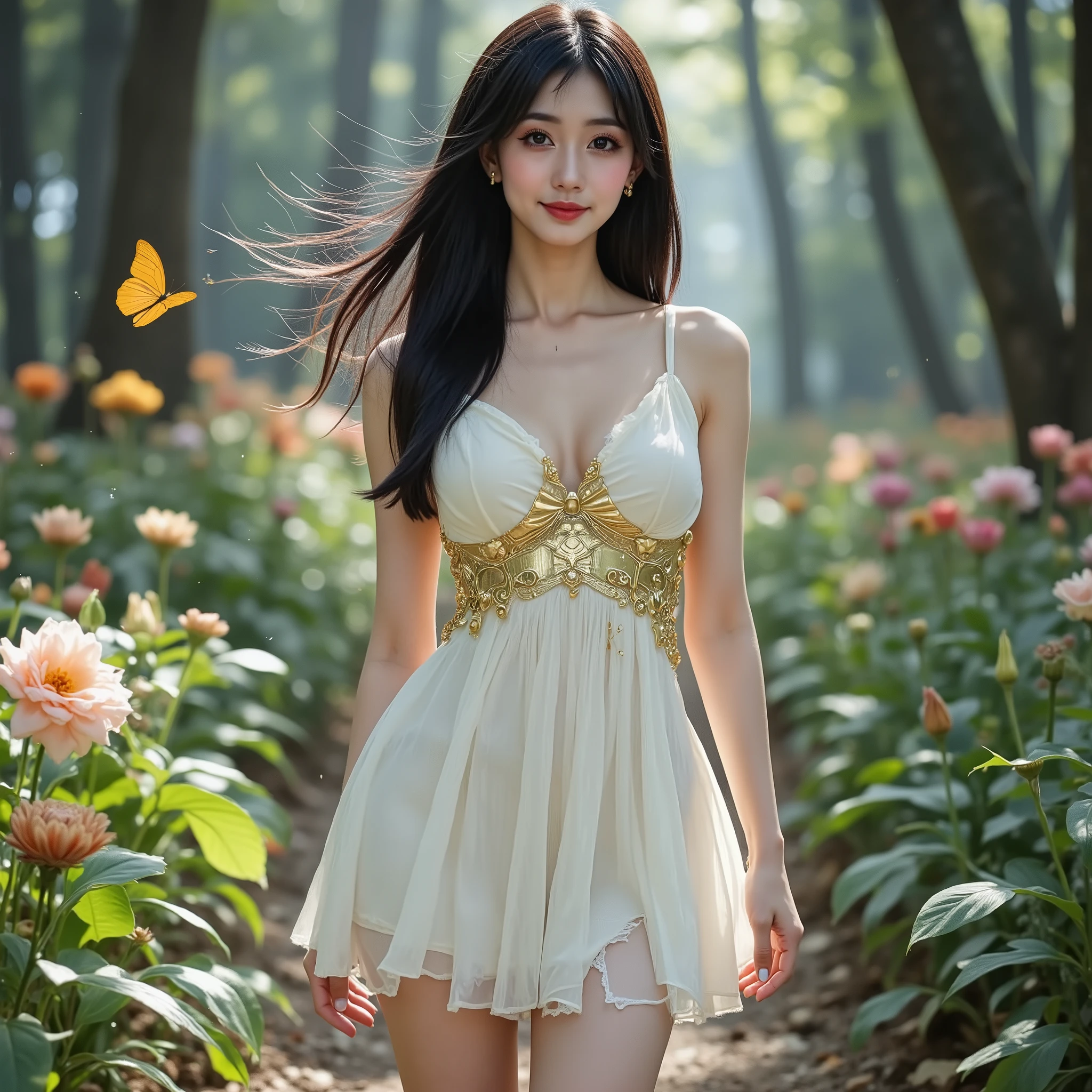 popular Japanese idol、赤and金の刺繍が施されたチャイナドレス風ミニスカート、Magical Garden from Another World、floating island々、giant butterfly、Glowing Flower、Dreamy Atmosphere、sparkling light particles、Long Black Hair Fluttering in the Wind、Smile Yan、How to walk gracefully 、thin waist、スラリandした脚、cinematic lighting、fantasy movie scene、top quality, Surreal RAW photo, (24 year old famous Japanese top idol woman), ((:1.5)), (super clear focus), Long black hair upstyled, ((What is the super image quality of Isolation Bang)), beautiful big eyes with perfect double eyelids, Perfect Eyebrows, beautiful tall, seXy body with thin waist,Model, (she is shy and looks at viewers and asks for help {X} wearing a short pleated miniskirt party dress but it's torn and tattered), Road in an abandoned forest, dress torn and tattered, full of intense sensuality, and, SeXy Poses, drawing biologically correct human body and fingers in detail, 