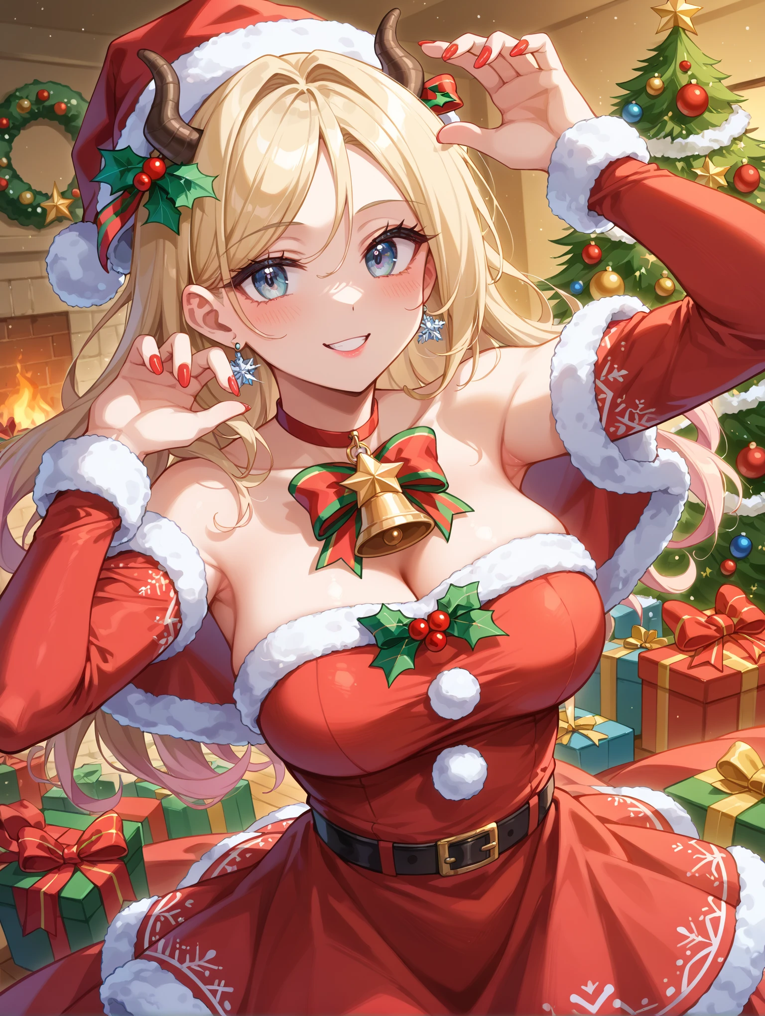 score_9, score_8_up, score_7_up, score_6_up, score_5_up, score_4_up, source_anime BREAK 1girl, solo,
outdoors, snow, snowing, christmas, christmas tree, cowboy shot, looking at viewer, 
smile, lips, make up, kogal, large breasts, cleavage, midriff, navel,  bare shoulders, squatting, from below, reaching towards viewer, gift, holding gift, 
Suzuka_Santa, blonde hair, yellow eyes, animal ear fluff, animal ears, fox ears, fox tail, santa bikini,  fur trim, wide sleeves, long sleeves, fur-trimmed sleeves, red headwear, santa hat, fur-trimmed headwear, red skirt, highleg panties, black panties, energy wings, nail polish, pink nails, belt, jingle bell, neck bell, black choker, black belt, jewelry, necklace, 
<lora:Suzuka_Gozen_Sdxl-10:0.8>,