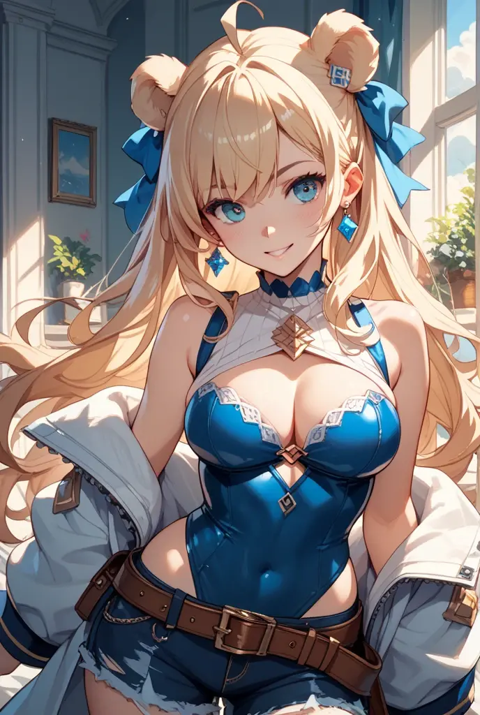 (masterpiece: 1.3), (detailed), ((, Highest quality,)) //, (((1 Girl, hairpin, crescent hairpin: 1.4))), alone //, (Brown cat ears, Fluffy cat ears: 1.4), Animal ear hair, (Light brown hair: 1.4), (Redhead: 1.1), (Red inner hair: 1.3), (Straight bangs: 1.4), (Single Braid Long Hair: 1.5) , (Ahoge), (blue eyes: 1.3), Clear Eyes, cheek, Center of chest, Cleavage, Exposed shoulders, Underarm, //, Big red ribbon, View your viewers, Blushing, smile, Happy, Open your mouth, smile, skirt, shirt, Headpiece, Thighs, Long sleeve, belly button, Bare shoulders, jewelry, pleated skirt, head band, Earrings, abdomen, black Thighs knee socks, Virtual YouTuber, miniskirt, star, Crop top, Hands on hips, black shirt, ((Leaning forward: 1.3)), シングルThighs-高, Asymmetrical legwear
