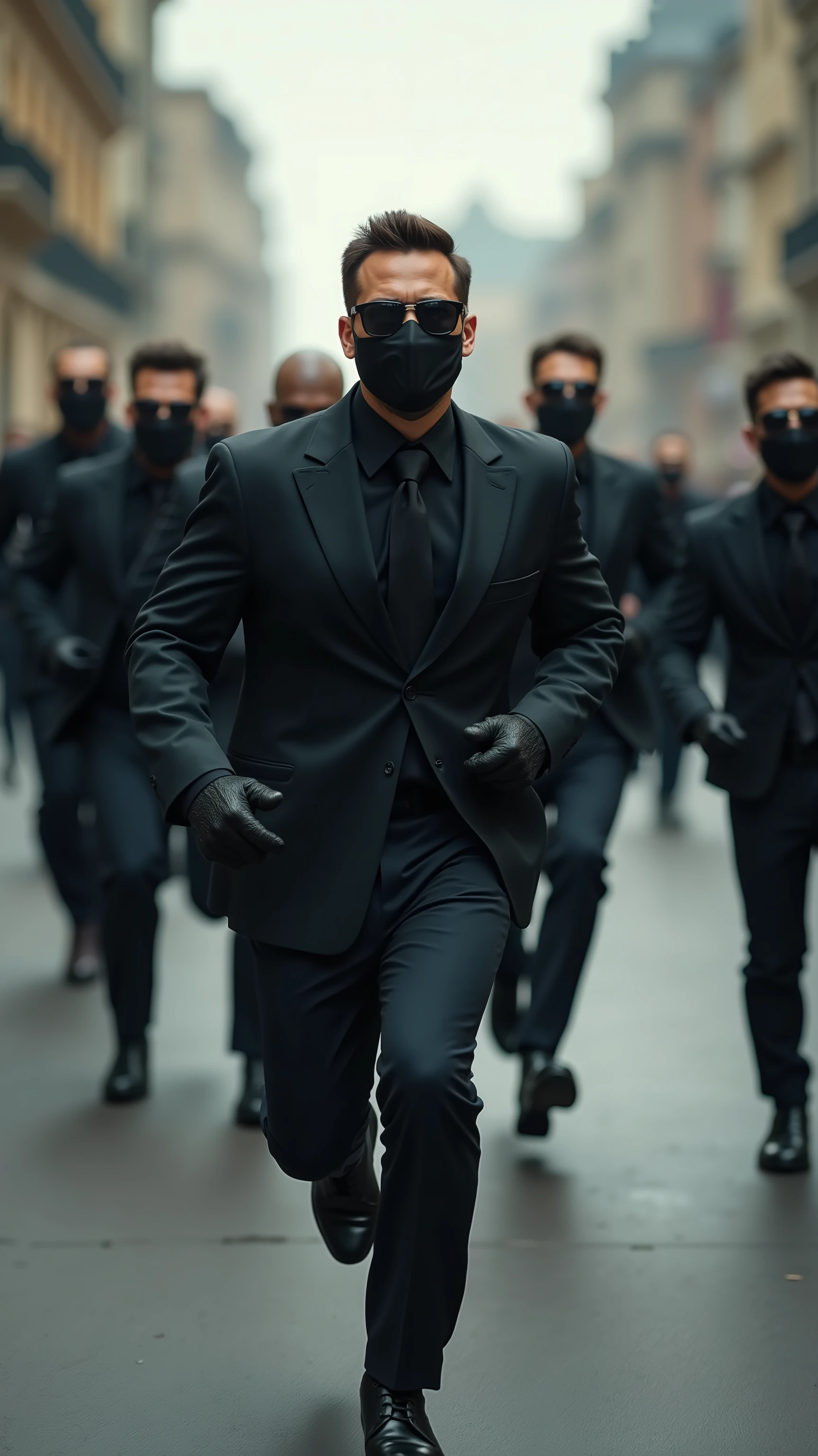 ((4K、original photo、High Fine))、(((high performance camera)))、(((Realistic)))、(((Realistic)))、Many muscular men wearing black suits, sunglasses, and black masks are running at full speed。