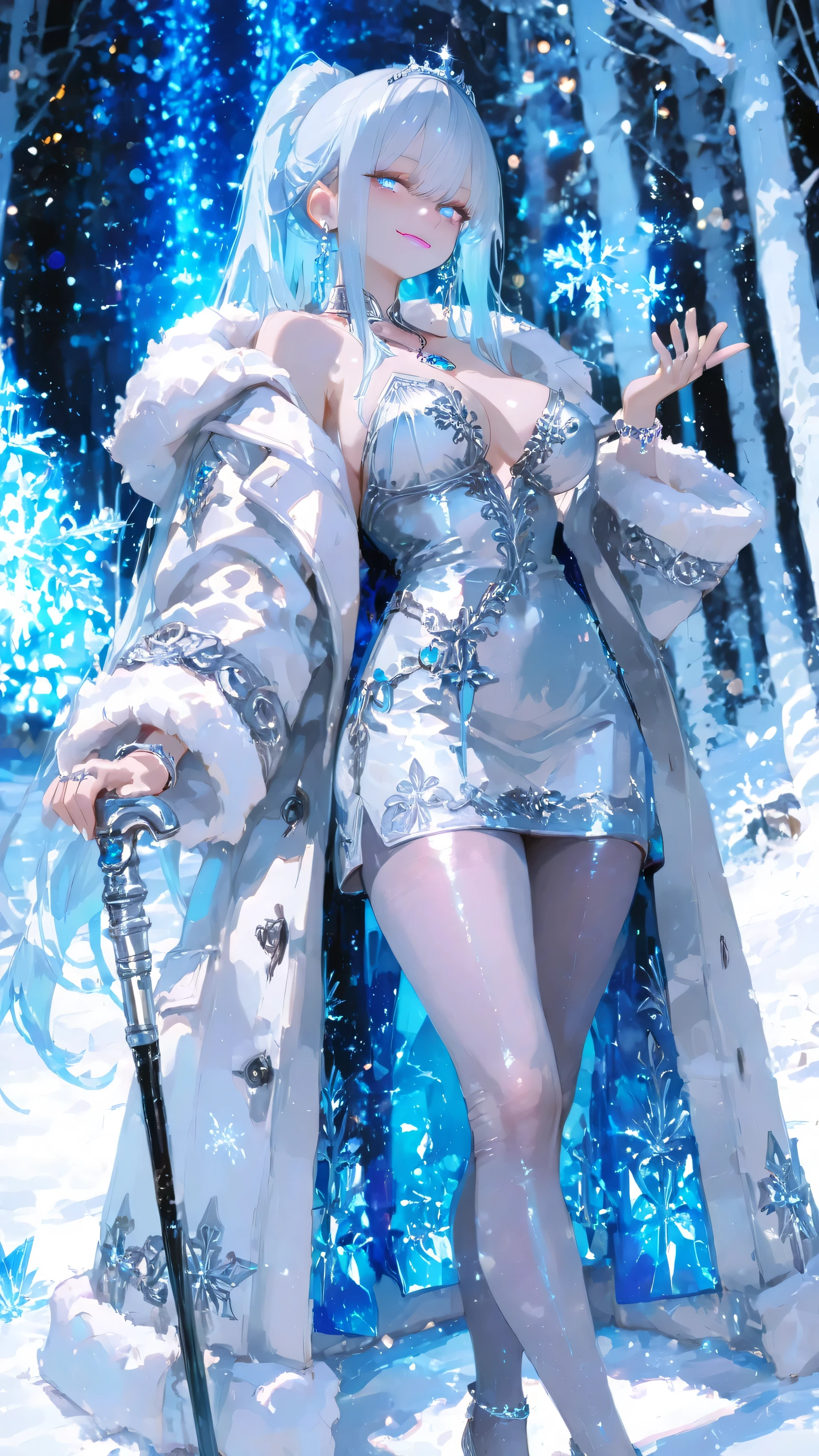 masterpiece, top quality, High Resolution, sniper that hides reflection of light, 8k, very detailed, Realistic texture, Professional Photography , natural light, highlight , sharp、from an oblique top、image angle from waist up、Beautiful Face Up 、Beautiful Sheer Adult Woman、 silver ponytail、Elegant hair brace、beautiful woman、snowflake hair closure、fantasy、in Russia lavishly decorated { x} There are plenty of highly elaborate digital paintings。silver embroidery and patterns(long flowing coat)Dressed as、captivating, intelligent eyes and a gentle smile。Wide hem 、elegant long flowing coat。coat is mostly a deep blue light blue color、edge、collar、cuffs are covered with plenty of thick white fur。Beautiful legs、well-balanced large breasts、pantyhose、Coat has elaborate silver embroidery and patterns(snowflakes、stand next to women)like Santa Claus。has a long, ornate decorative cane。Background Russian Winter Forest Snow Scenery、Heavy snowfall、Magical Ice Vibe、soft shining light、Cool colors 、cinematic lights with vampire fangs、Dramatic Shadows、depth of field。 Dignified Beauty 、Ice Queen、silver tiara、Silver Ring、silver bracelet、jewel necklace、blue eyes、glowing eyes、big eyes、light pink lipstick、Blue-purple eyeshadow、long eyelashes on the head、staring at me、Large ice crystals on the tips of the hands、、Super fun smile、Please open your mouth a little and smile、bright light、Promising Pose、K-cup 、8k、high quality、masterpiece、detailed photos、 glowing sequence 、 atmosphere、bokeh effect、Realistic 、bright color、Shining Skin、Detailed Lighting Effects、Sparkling background like jewels or silver、
