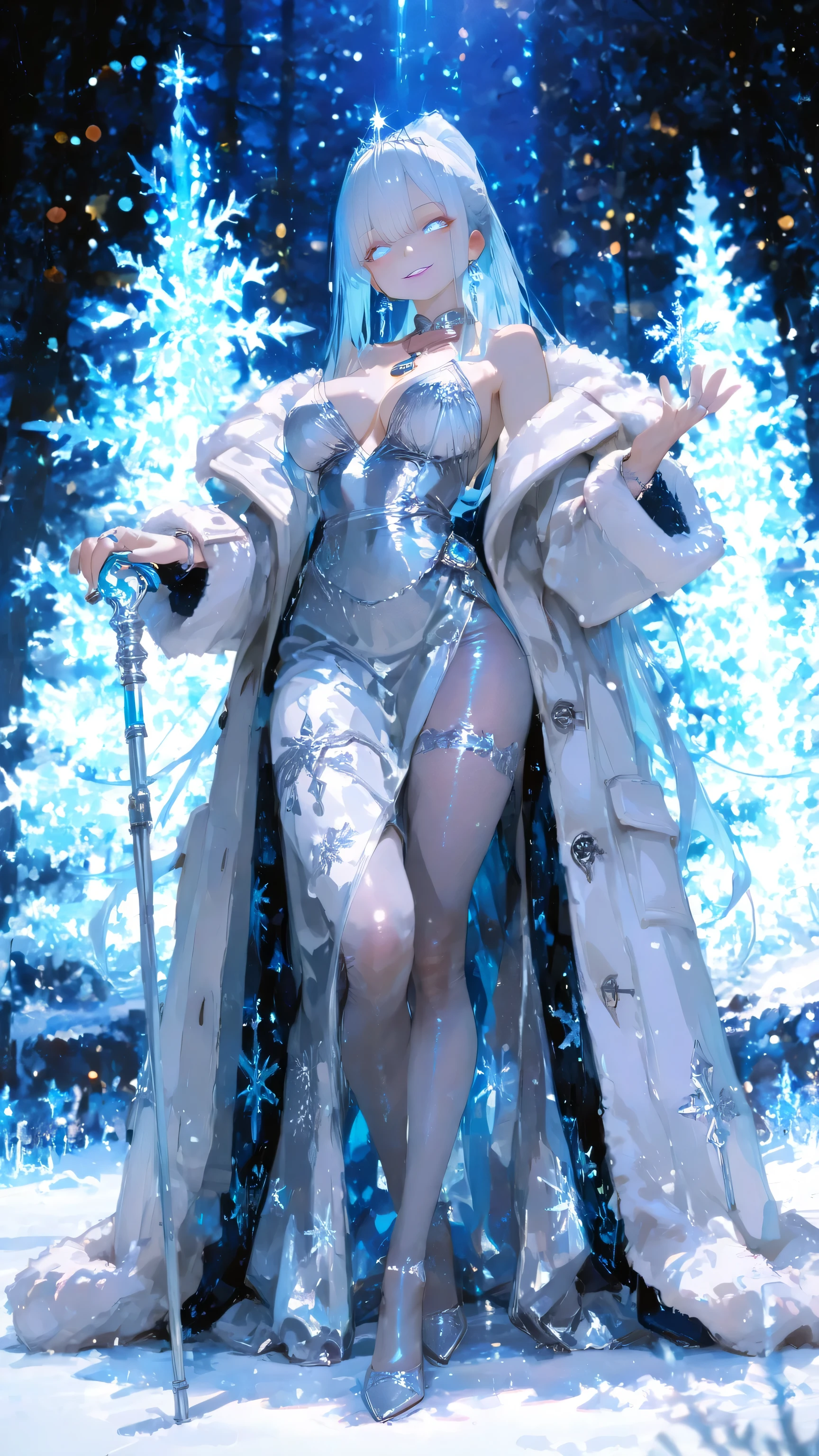 masterpiece, top quality, High Resolution, sniper that hides reflection of light, 8k, very detailed, Realistic texture, Professional Photography , natural light, highlight , sharp、from an oblique top、image angle from waist up、Beautiful Face Up 、Beautiful Sheer Adult Woman、 silver ponytail、Elegant hair brace、beautiful woman、snowflake hair closure、fantasy、in Russia lavishly decorated { x} There are plenty of highly elaborate digital paintings。silver embroidery and patterns(long flowing coat)Dressed as、captivating, intelligent eyes and a gentle smile。Wide hem 、elegant long flowing coat。coat is mostly a deep blue light blue color、edge、collar、cuffs are covered with plenty of thick white fur。Beautiful legs、well-balanced large breasts、pantyhose、Coat has elaborate silver embroidery and patterns(snowflakes、stand next to women)like Santa Claus。has a long, ornate decorative cane。Background Russian Winter Forest Snow Scenery、Heavy snowfall、Magical Ice Vibe、soft shining light、Cool colors 、cinematic lights with vampire fangs、Dramatic Shadows、depth of field。 Dignified Beauty 、Ice Queen、silver tiara、Silver Ring、silver bracelet、jewel necklace、blue eyes、glowing eyes、big eyes、light pink lipstick、Blue-purple eyeshadow、long eyelashes on the head、staring at me、Large ice crystals on the tips of the hands、、Super fun smile、Please open your mouth a little and smile、bright light、Promising Pose、K-cup 、8k、high quality、masterpiece、detailed photos、 glowing sequence 、 atmosphere、bokeh effect、Realistic 、bright color、Shining Skin、Detailed Lighting Effects、Sparkling background like jewels or silver、