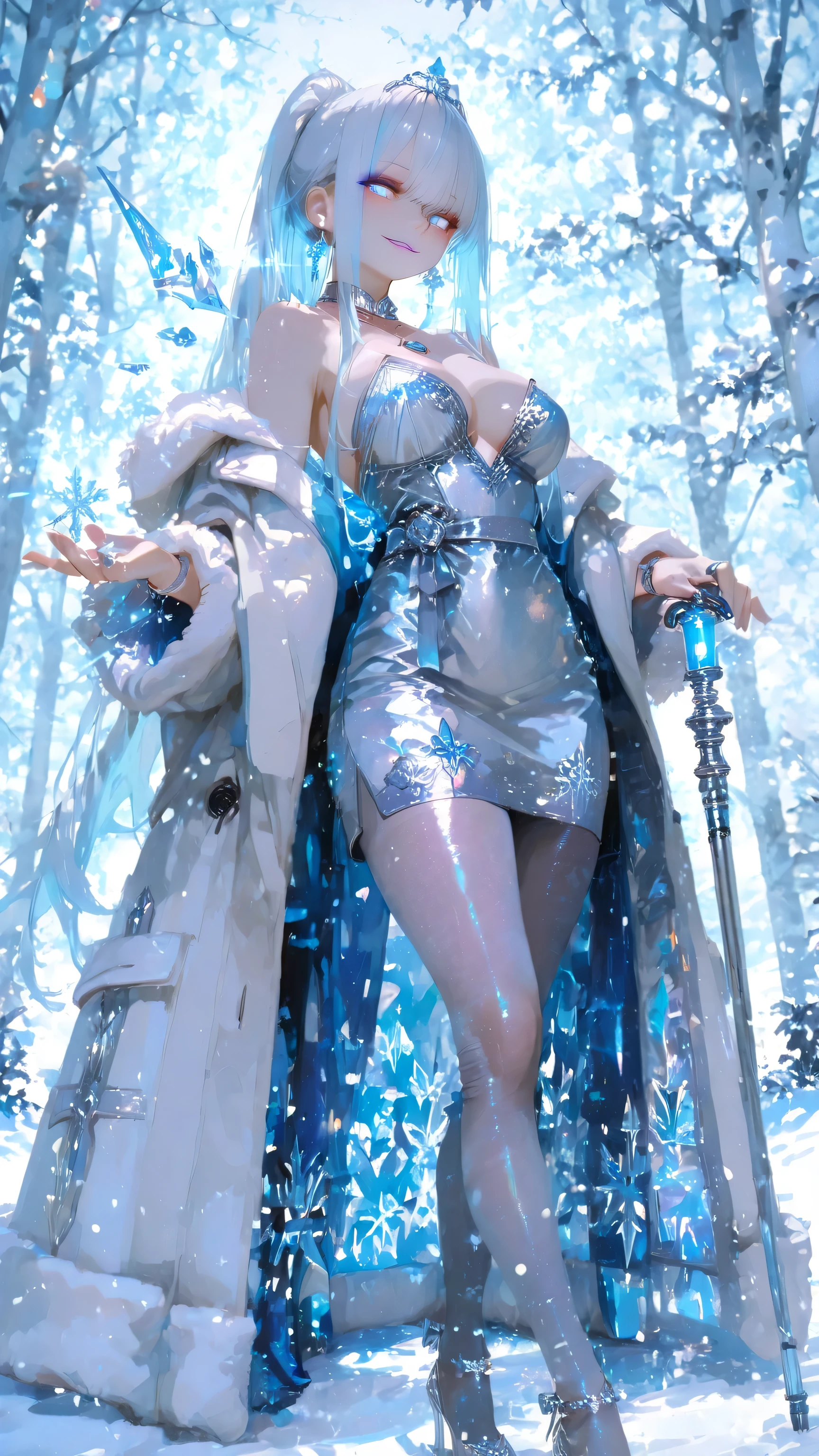 masterpiece, top quality, High Resolution, sniper that hides reflection of light, 8k, very detailed, Realistic texture, Professional Photography , natural light, highlight , sharp、from an oblique top、image angle from waist up、Beautiful Face Up 、Beautiful Sheer Adult Woman、 silver ponytail、Elegant hair brace、beautiful woman、snowflake hair closure、fantasy、in Russia lavishly decorated { x} There are plenty of highly elaborate digital paintings。silver embroidery and patterns(long flowing coat)Dressed as、captivating, intelligent eyes and a gentle smile。Wide hem 、Elegant long flowing coat。coat is mostly a deep blue light blue color、edge、collar、cuffs are covered with plenty of thick white fur。Beautiful legs、well-balanced large breasts、pantyhose、Coat has elaborate silver embroidery and patterns(snowflakes、stand next to women)like Santa Claus。has a long, ornate decorative cane。Background Russian Winter Forest Snow Scenery、Heavy snowfall、Magical Ice Vibe、soft shining light、Cool colors 、cinematic lights with vampire fangs、Dramatic Shadows、depth of field。 Dignified Beauty 、Ice Queen、silver tiara、Silver Ring、silver bracelet、jewel necklace、blue eyes、glowing eyes、big eyes、light pink lipstick、Blue-purple eyeshadow、long eyelashes on the head、staring at me、Large ice crystals on the tips of the hands、、Super fun smile、Please open your mouth a little and smile、bright light、Promising Pose、K-cup 、8k、high quality、masterpiece、detailed photos、 glowing sequence 、 atmosphere、bokeh effect、Realistic 、bright color、Shining Skin、Detailed Lighting Effects、Sparkling background like jewels or silver、
