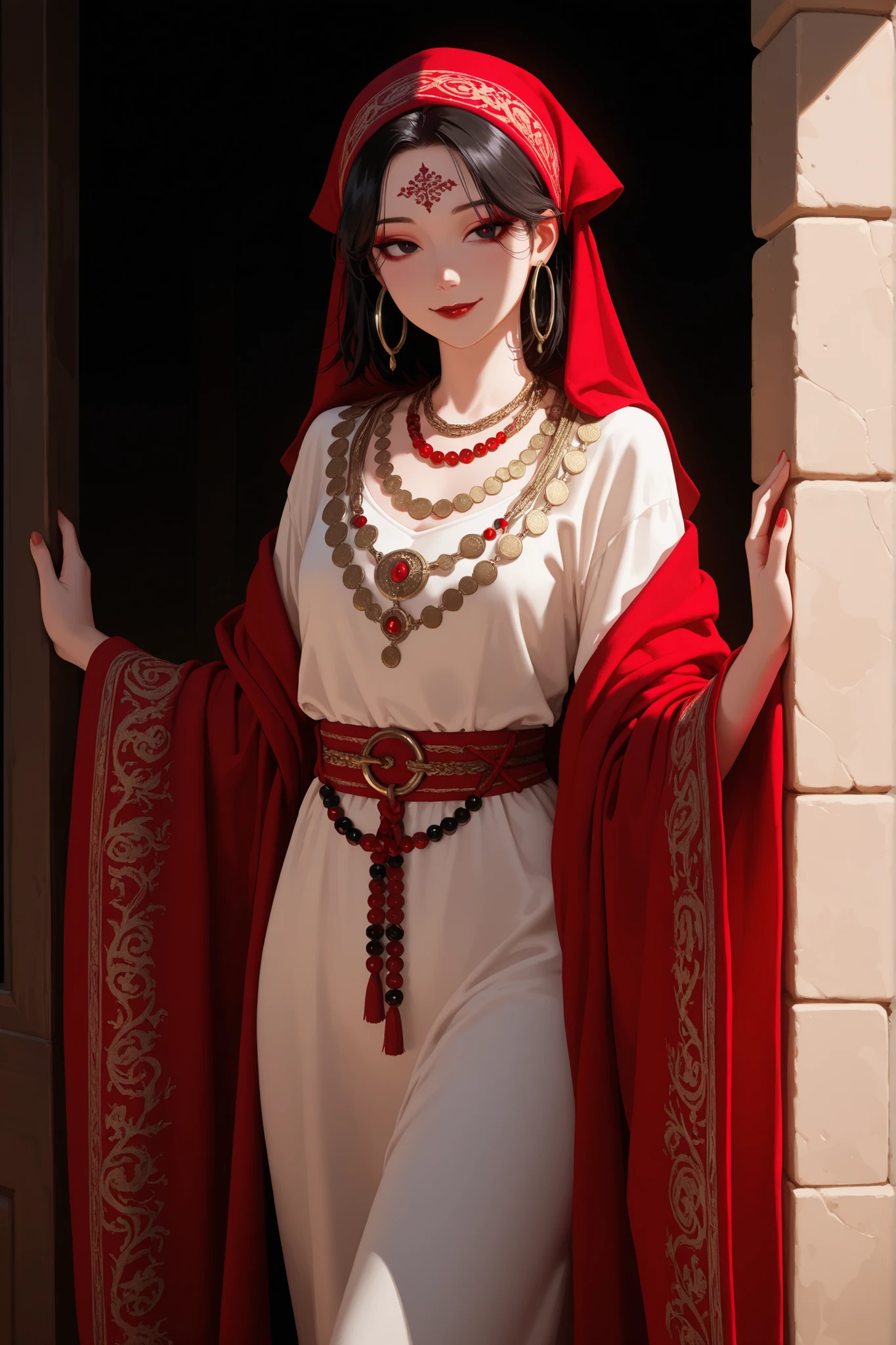 1girl, solo, stunning young Amazigh (Berber), flawless pale-olive skin, intense dark hazel eyes, long thick black hair, dramatic red silk headscarf draped loosely with gold coin edges, traditional red coral and gold adornments on forehead and neck, heavy silver Amazigh jewelry, large hoop earrings, layered necklaces with fibulae and red beads,
subtle natural makeup, deep red lips, seductive half-lidded gaze, slight mysterious smile,
wearing traditional white wool dress with intricate red and black Amazigh embroidery at chest and sleeves, wide red fabric belt,
standing in ancient stone doorway of a Moroccan ksar at golden hour, warm sunlight catching on jewelry and fabric, soft sand and shadows, ultra-realistic, cinematic lighting, masterpiece detail