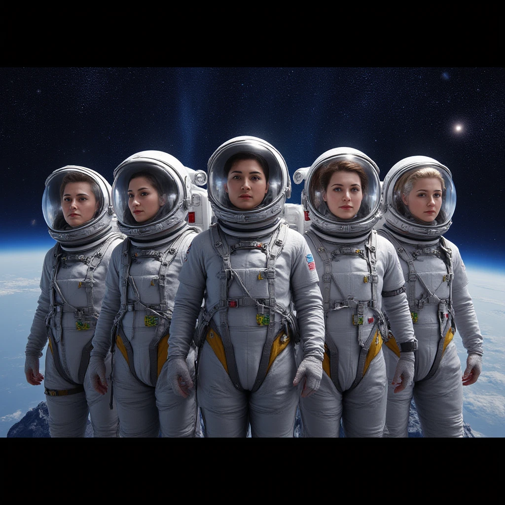 asteroid crashing into moon women watching in multicolored astronaut suit tight bodies athletic slim big breasts big buttocks 