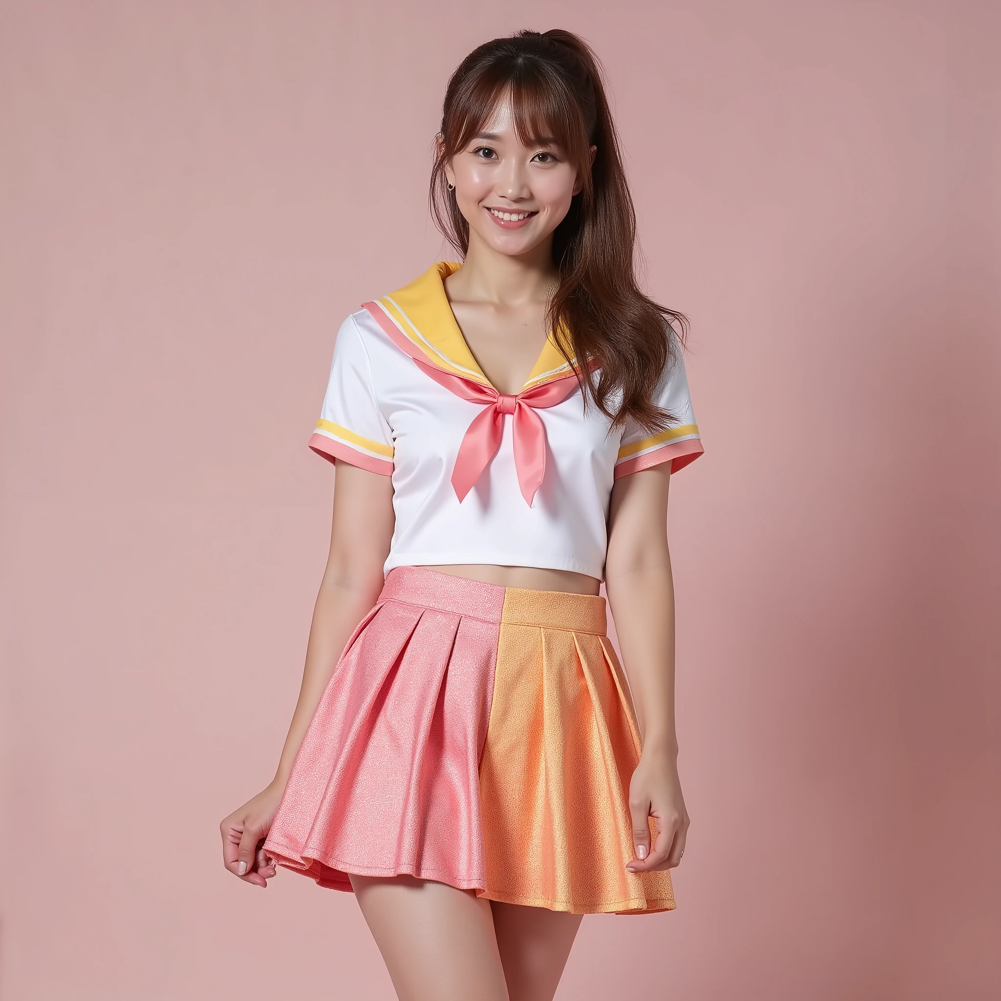 Idol beauties representing Japan、sailor suit that fits perfectly to the body、miniskirt fluttering in the wind、A Smiling Seductive Look at the Audience、sexy posture with slightly bent knees、Glamorous brown ponytail、Perfect Skin、seductive expression、moist eyes、professional lighting technology、High End Camera Shot、Studio Background、vivid colors、perfect styling、The ribbon on her chest is the accent、full body shot from head to calf:1.15、Pink and Yellow Sparkling Short Sleeve Sailor Suit、deep round neck, f-cup chest、provocative pose、A sense of balance with one leg raised、uniforms that are slightly damp with sweat、Chest tension、fair skin、a luscious gaze、expression with slightly open lips、long beautiful legs、perfect makeup、Vivid Details、Black Garter Sheer and Shiny Stockings,