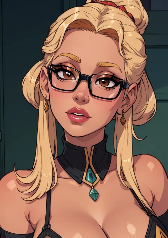 score_9, score_8_up, score_8. score_9, score_8_up, score_7_up, score_6_up, masterpiece, 4k, high quality, (best quality:1.1), ExpressiveH,(close up)
1girl, Jessica Rabbit, white hair, glasses, earrings, choker, cleavage, dark skin,  large breasts, blushing, looking at viewer, smiling, g0dd3ss, white dress, cleavage
black background