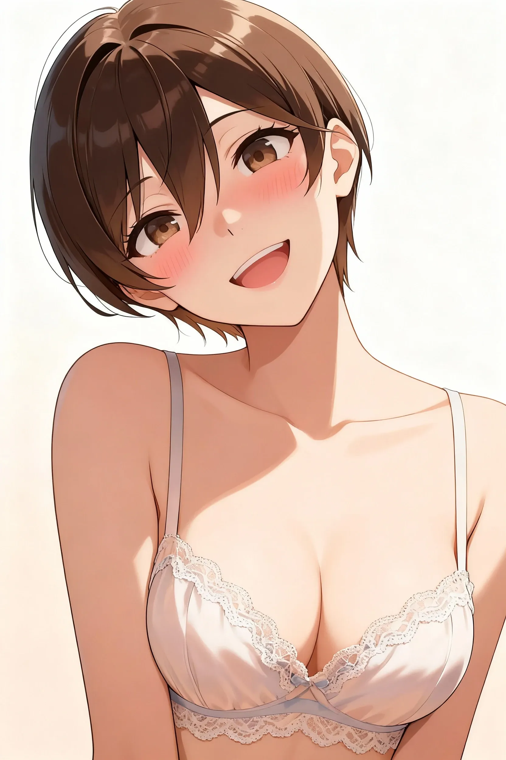 overhead shot, (high position:1.2), frame in,（Front view）,（high angle shot:1.2）,bust-up shot, facing up, look up, view straight on, upper body, High quality, very high res, High quality, very high res, cute girl, brown hair, forehead, blunt bangs, bob cut, Brushed up bangs, (????),((???????)), ??????????????, pale pink ???????, brown pleated skirt, sitting, hand between legs, smile, no background