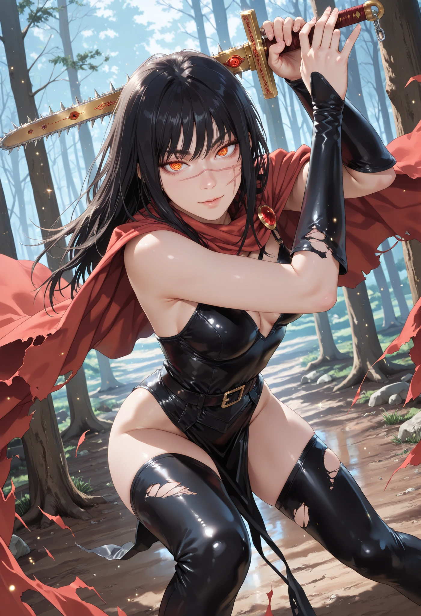 1 girl, Yoru /Chainsaw Man/, scar on cheek, cross scar, long hair, black hair, yellow / red eyes, ringed eyes, pretty eyes, detailed eyes, gradient eyes, crystal eyes, long eyelashes, beautiful eyes, beautiful face, perfectly symmetrical face, delicate and harmonious features, face with golden ratio, beautiful hair, realistic skin with Natural texture, medium breasts, good anatomy, anatomically correct hands, detailed hands: 1.5, seductive look, beautiful legs,  dark leather huntress armor with metal reinforcements, flowing torn cape, wielding a sword, agile stance with bent knees, forest clearing at night, determined expression with glowing eyes, (detailed eyes:1.2), (sharp eyes:1.1), motion lines emphasizing speed, (dynamic pose:1.2), (action pose:1.2), dynamic tension in posture, fish-eye lens effect on edges, dramatic lighting with deep shadows, realistic fantasy style, dramatic lighting, frozen action moment,  Dutch angle, Hyper-realistic rendering, ultra-sharp details, photorealistic masterpiece, HDR, 8k, (((anime art style))), hyper-detailed, (best quality: 1.3), glitter sparkles, beautiful eyes, detailed eyes, 8k 