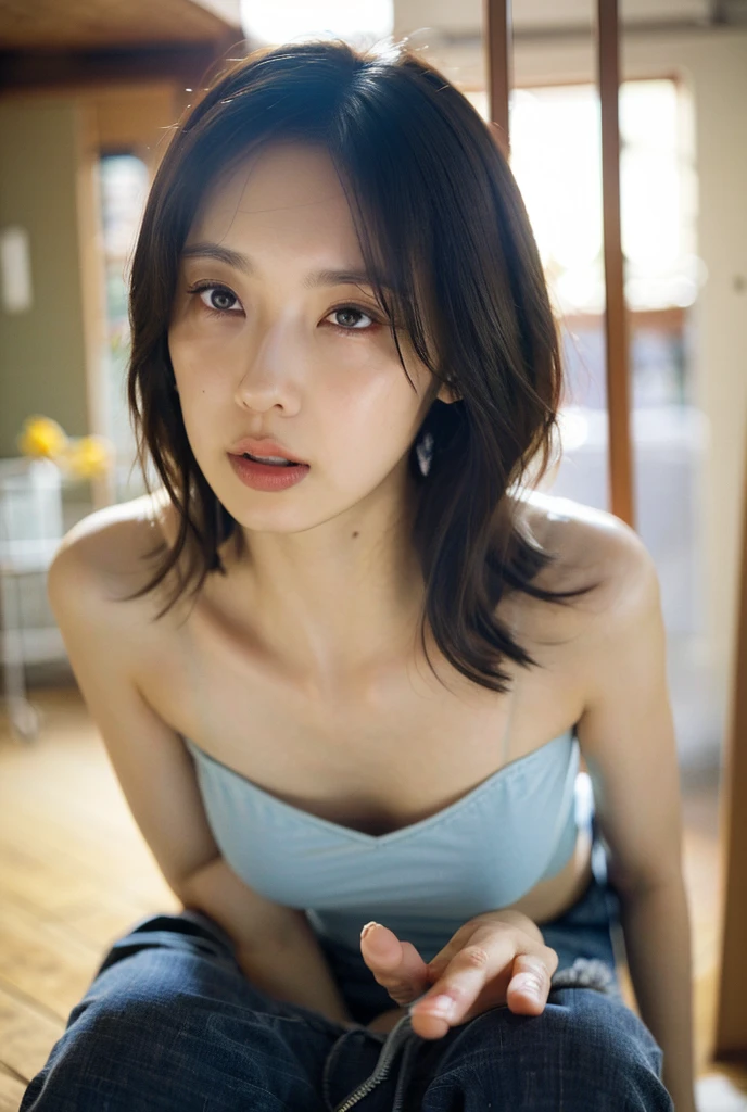 (realistic), (hyperrealism),best quality, masterpiece,ultra high res, (photorealistic:1.4),1girl,(looking at viewer:1.2),1girl, solo, realistic, looking at viewer, parted lips,  short jeans, tanktop,,   <lora:makina69_ishiharasatomi_v1.0:1>