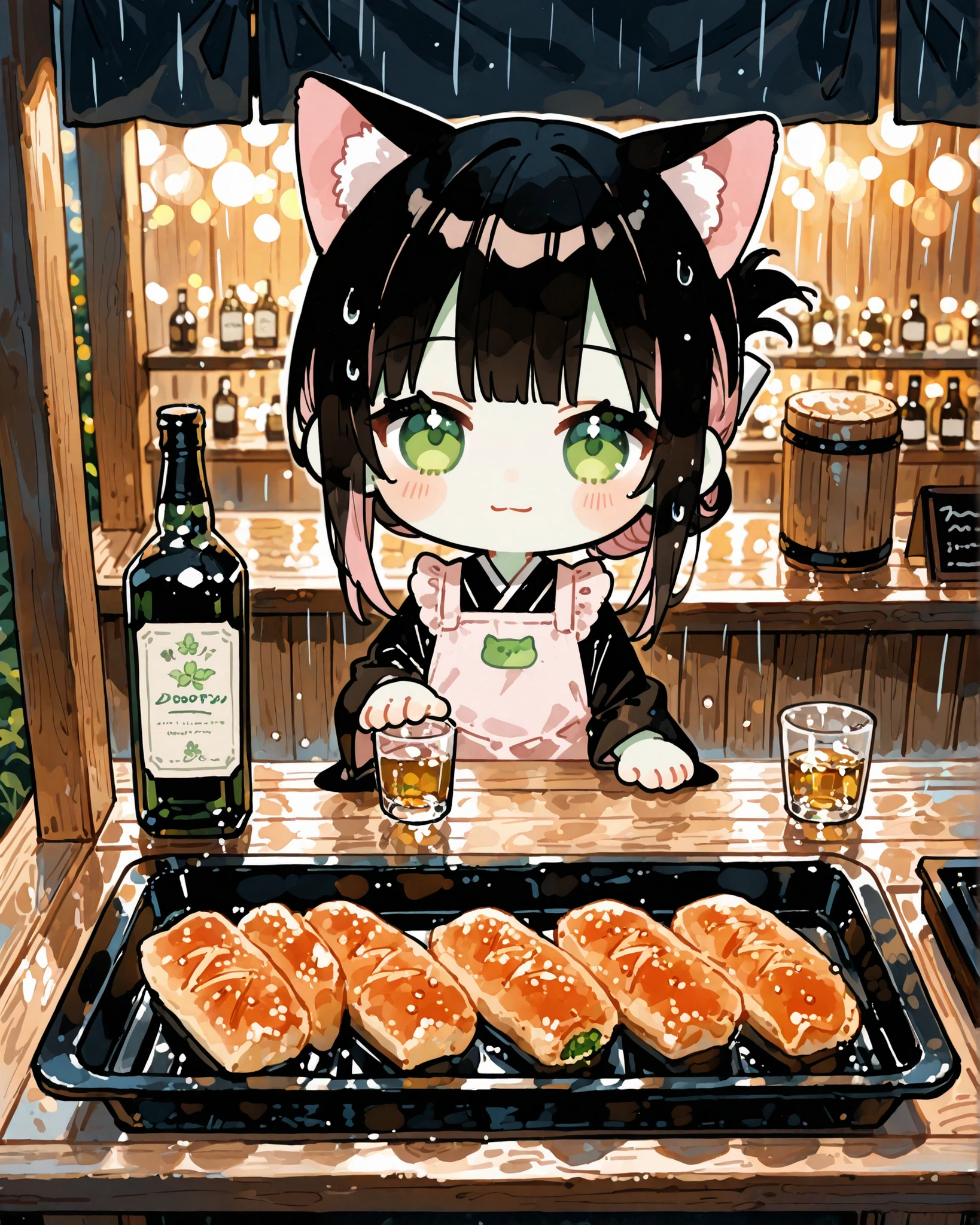 masterpiece, best quality, ultra-detailed, perfect anatomy,
748cmstyle,
straight-on, looking at viewer, across a wooden food stall counter, outdoors, cozy night rain ambience, soft bokeh raindrops, shallow depth of field, noren curtain slightly swaying, warm intimate atmosphere, shittori tone, black harmony, gentle cat yokai girl, calm and welcoming expression, warm and soft smile, droopy green eyes, small subtle cat ears, black hair with pale pink inner color, folded ponytail, black kimono under a clean white kappo apron, offering alcohol with both hand, (chibi:1.5),