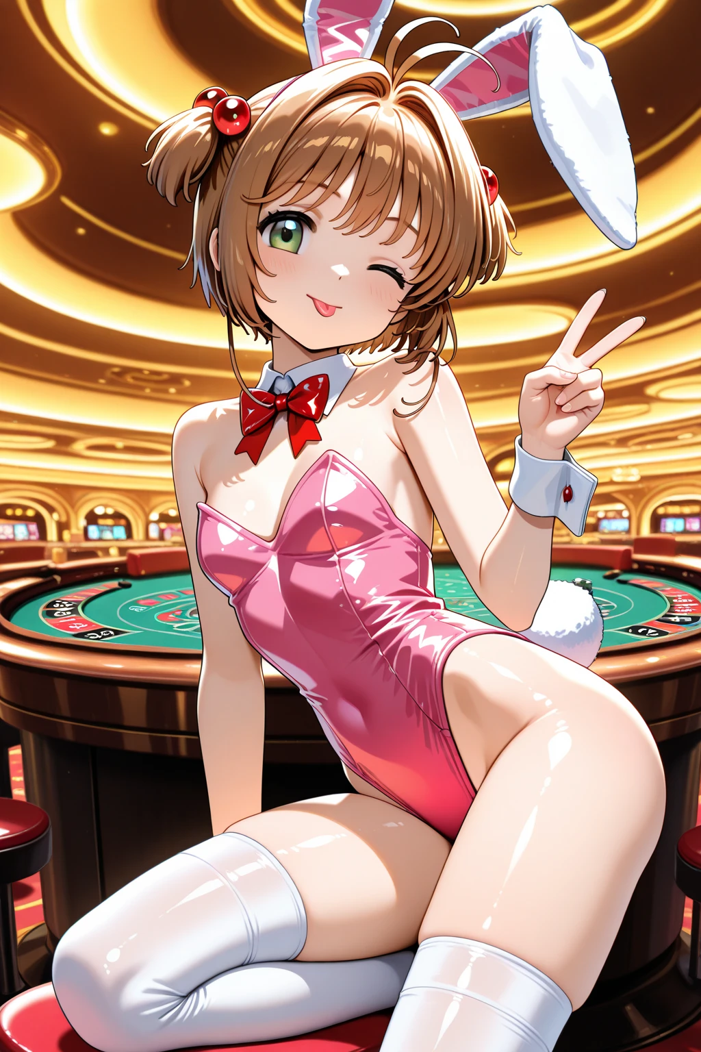 score_9, score_8_up, score_7_up, source_anime BREAK 1girl, solo, zz_ple, <lora:zz_ple_2:1>, (1990s\(style)\:0.5), from above, dutch angle,  suit, playboy , rabbit ears, white rabbit ears, fake rabbit ears, pantyhose, brown pantyhose, bowtie, wrist cuffs, white leotard, orange hair, short hair, sidelocks, blue eyes, looking at you, smile, one eye closed, open mouth, beautiful scene, casino, night, <lora:zy_Detailed_Backgrounds_v1:0.5>