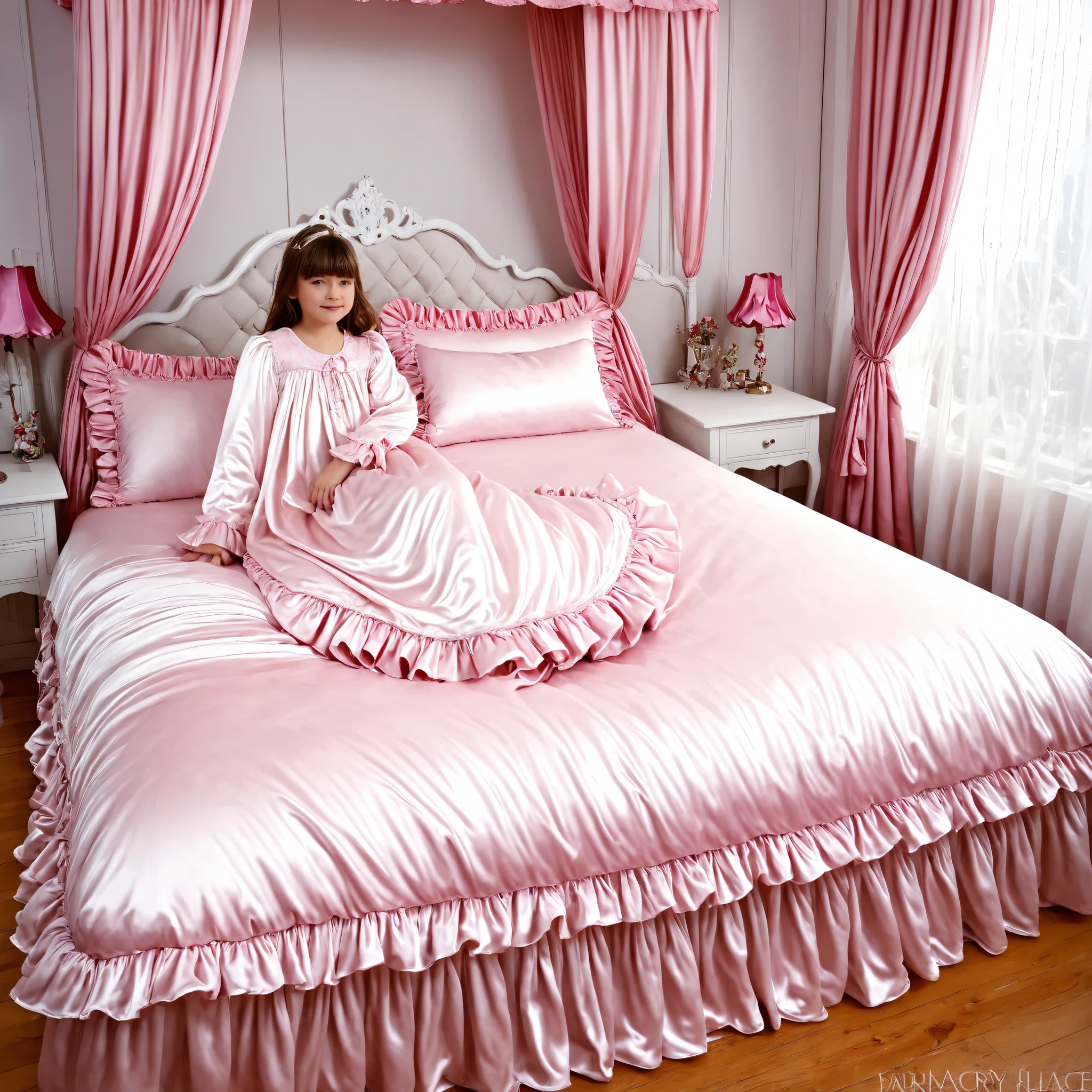 girl on the bed,plump quilted silk satin nightgown, long sleeves only,ruffle sleeve,fingerless children's mittens, bed with pile of silk satin pillows,Sissy Canopy Bed,king size bed,Bigger bed,Lots of Frilled Pillows,More pillows, plump quilted silk satin veil,Ruffle Lace Silk.retro white pipe bed frame, large silk satin ruffle duvet covers the entire bed,