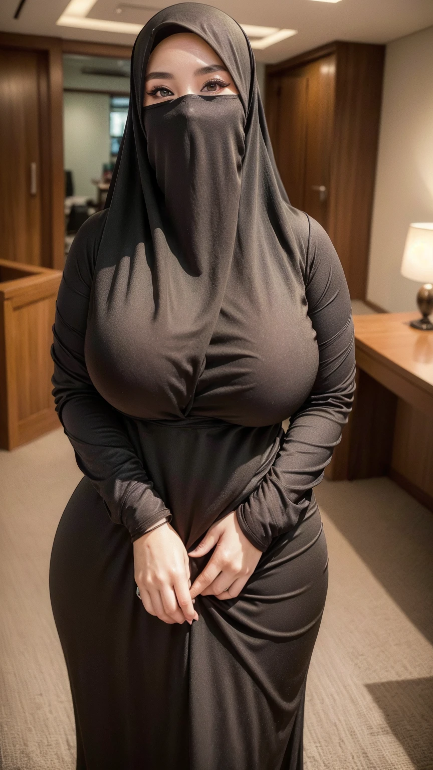 8K, high quality, nice lighting, soft lighting, detail fingers, perfect hand, realistic, dark eyes, ????, ???????????, thighs, wide ????, muscular, malaysia, black dress, long sleeves, Jewelry, ???? lady, asian, hijab, niqab, ???? pose, in office, showing big thighs, nice body, natural largest ??????, wearing wedding rings, hand sock, office girl, mature big body
