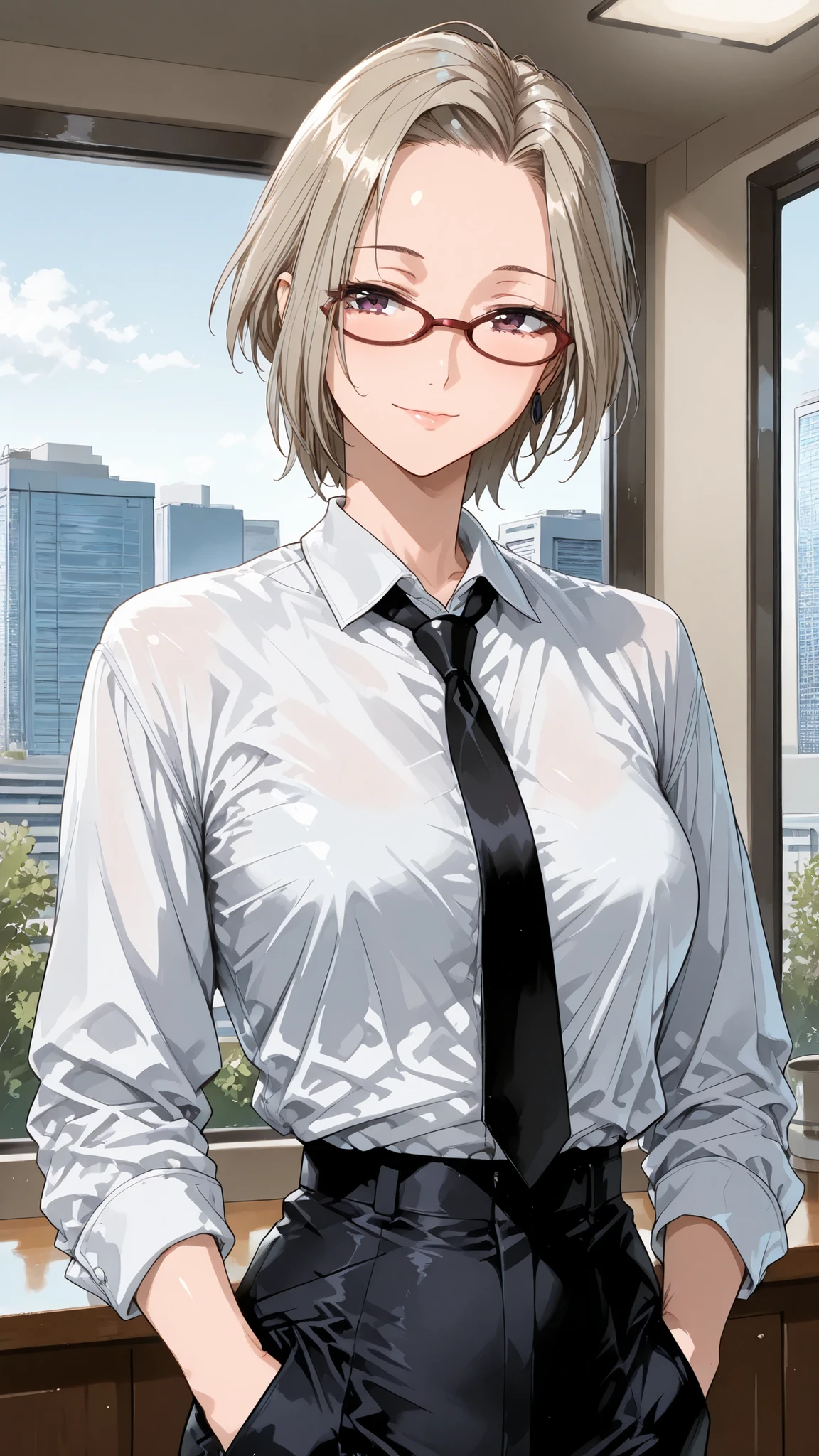 solo, tomoe (accelerando), purple eyes,growing eyes, brown hair, short hair, salva, glasses, mature woman, Tight waist、Small waist、shiny Skin , (upper body), sexy, (adult woman, 25+), score_9, score_8_up, score_7_up, source_anime,(extremely detailed CG), (best quality), platinum blonde hair, A confident woman wearing a perfectly tailored dark grey men's three-piece suit with a crisp white shirt and a slim black tie. She is standing with her hands in her pockets in a modern, minimalistic office. Professional fashion photography, cinematic lighting, 8k, ultra detailed.