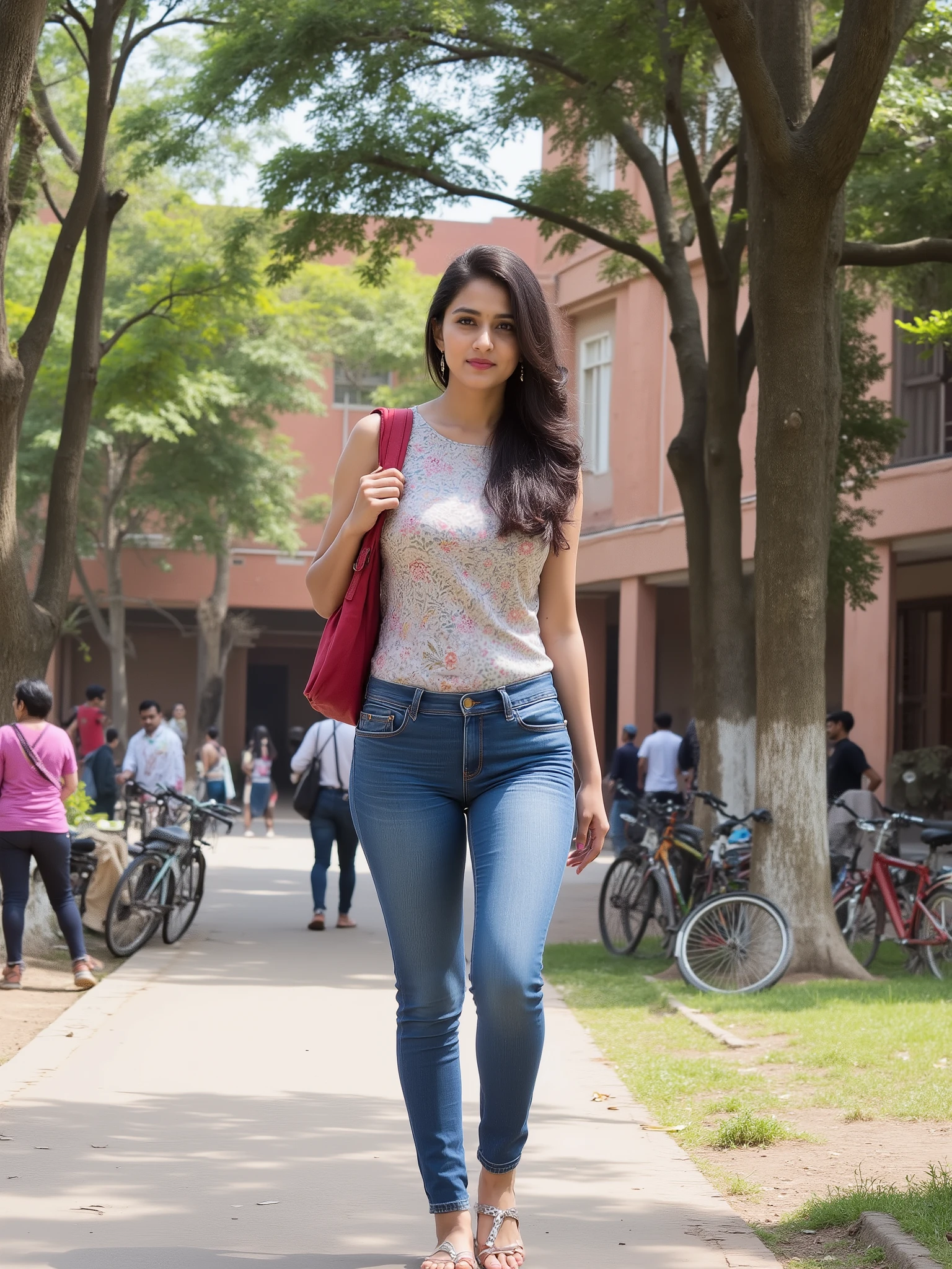 maddflx,Hourglass body shape ,Perfect body ,Wide hips ,Narrow waist ,Round ass,Big breasts ,realistic photo of a woman, shot on an extremely realistic iphone, extremely realistic iphone photo, 1ph0n3, photograph,A realistic photograph of a young Indian college student walking through a sunlit university courtyard. She wears a casual kurti with jeans and carries a backpack slung over one shoulder. Around her, students chat and relax under large trees, bicycles are parked nearby, and an old red-brick academic building stands in the background. The midday light casts soft shadows, creating a warm, natural tone that feels lively yet calm — a snapshot of an ordinary college day in India. Style: Natural light, candid composition, realistic street photography tone. Aspect ratio: 3:4 maintaining facial consistency, consistent body shape, and correct structure.