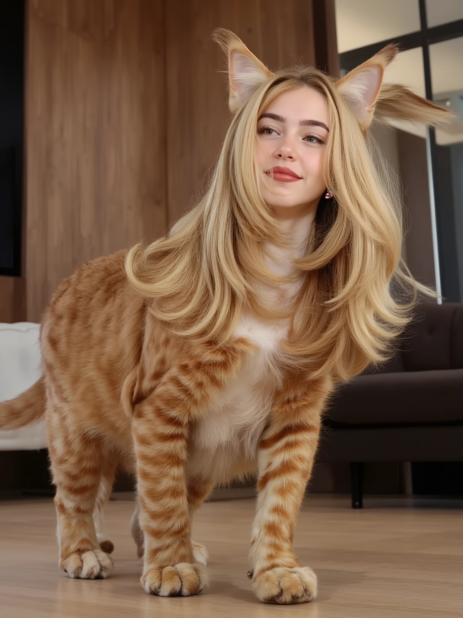 (masterpiece, High quality, high resolution hairstyle, hyperrealistic photograph), Majestic feminine woman, Walking on all fours, feline anatomy, woman's face, female head, side view, muscular legs, beautiful female face delicate features, long, silky blonde hair that falls over your shoulders, triangular cat ears that crown her head, and a long, fluffy cat's tail, She is wagging her tail in a sensual way, proud and elegant posture, Flirty and happy. Modern home interior, LED lighting that creates crisp shadows and dramatic contrasts, detailed realistic textures, perfect details of hair and skin, 8K, professional lighting , balanced composition, depth of field, Standing