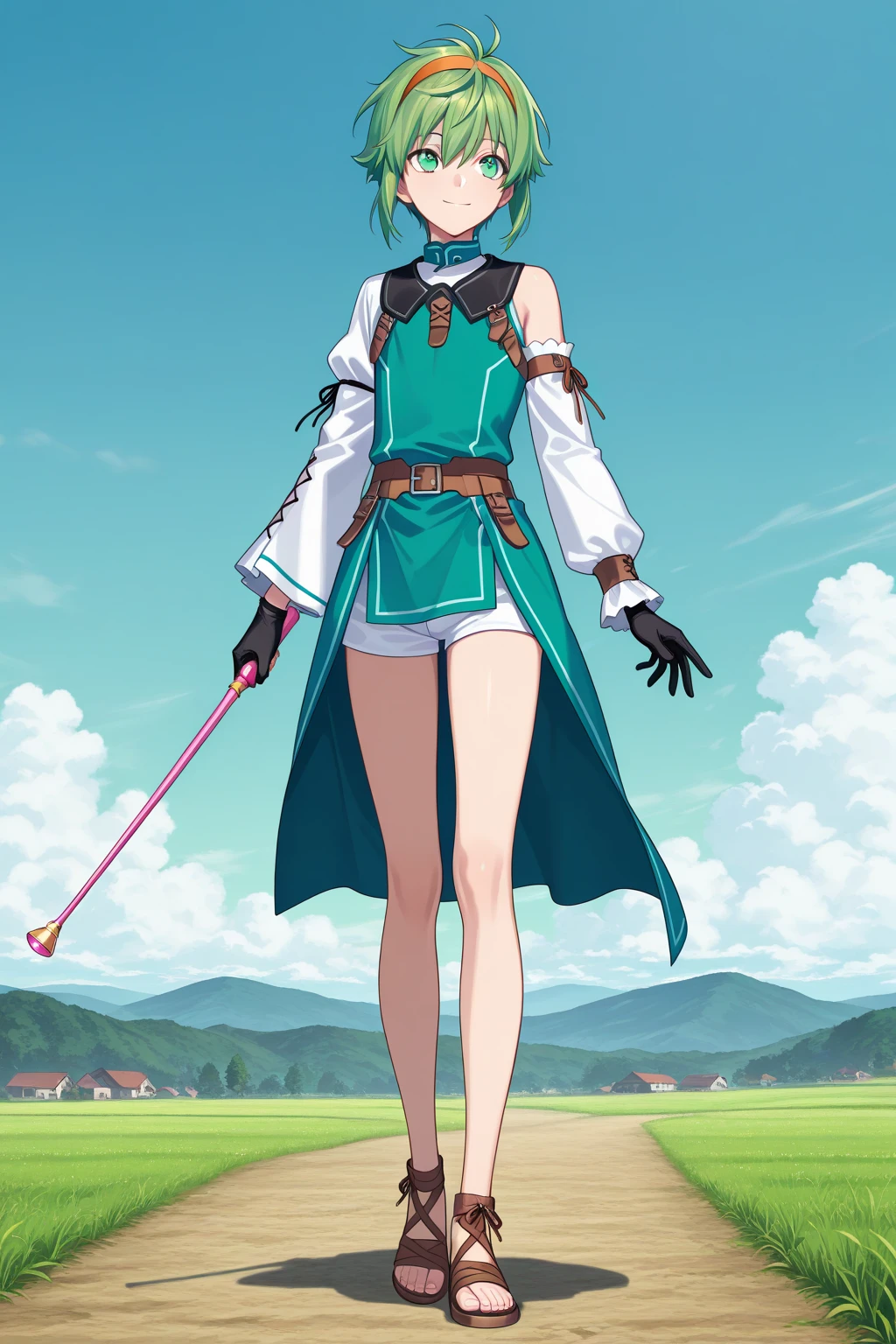 score_9, score_8_up, score_7_up, score_6_up, source anime, BREAK,
 <lora:sylphiette:1> eihplyspnxl, sylphiette \(mushoku tensei\),
1girl, solo, pointy ears, gloves, elf, cloak, white gloves, green cloak, smile, looking at viewer, short hair, closed mouth, jacket,
outdoors, wind, floating hair, dappled sunlight, whorled clouds, blue sky, 
full body, cowboy shot