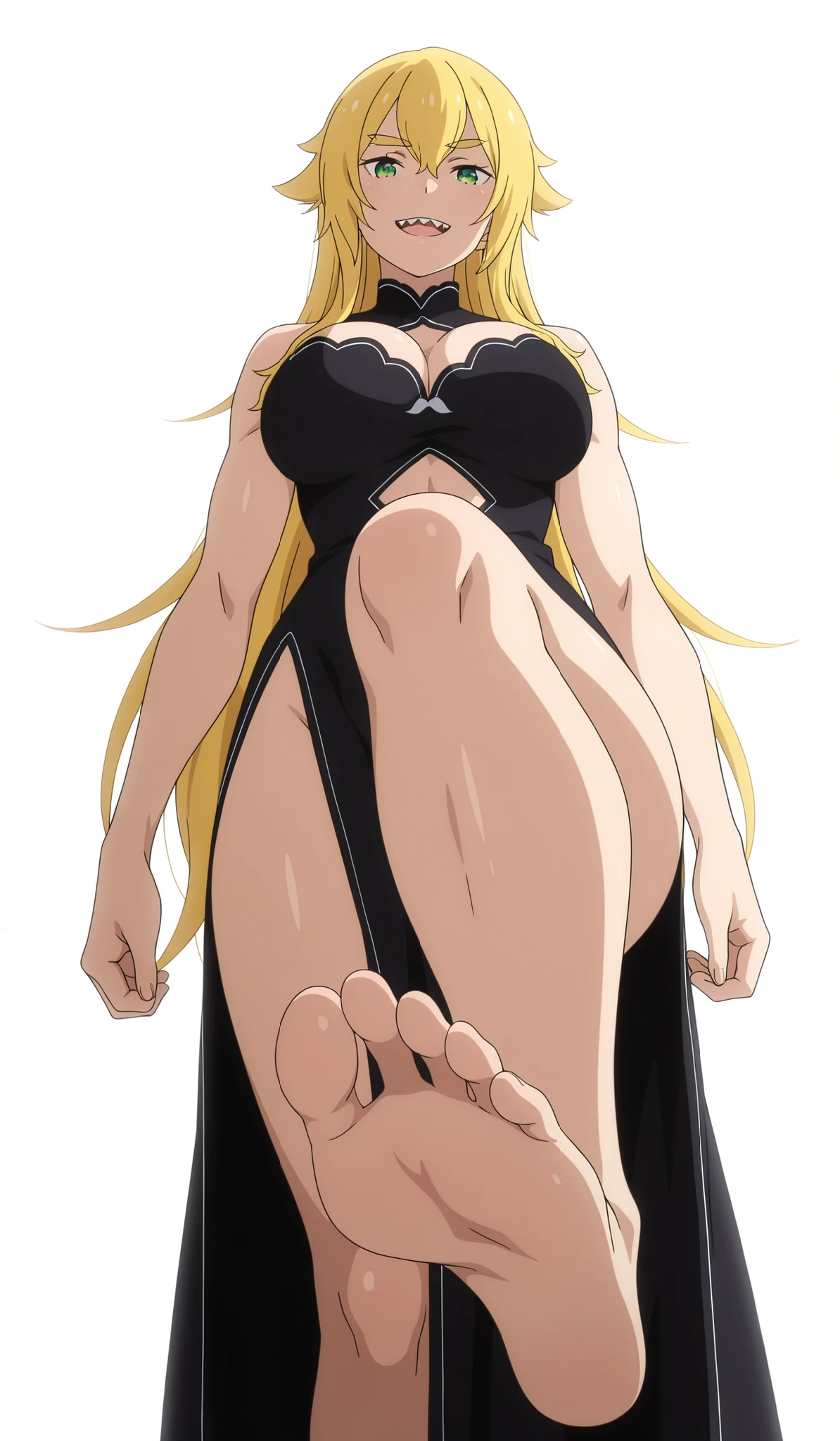 masterpiece , best quality , amazing quality , very aesthetic , absurdres , newest , scenery , best quality , anime coloring , (detailed eyes:1 . 2) , scenery , backlight, ((detailed hands)) , anime screencap , moody lighting , foreshortening , 1 girl, Frederica,  thick eyebrows, open mouth, upper teeth only, sharp teeth, Half-close eyes, smile, (smirk), hair flaps, hair between eyes, very long hair, blonde hair, green eyes, big breasts, looks at the viewer, athletic body, long dress , black dress, Cleavage, bare shoulders, ((perfect body)), white background, empty background, (((white background))), hips, big legs, (ideal body proportions, toned biceps, pumped up legs, standing, sole foot, (foot focus), view from below, crossed leg
