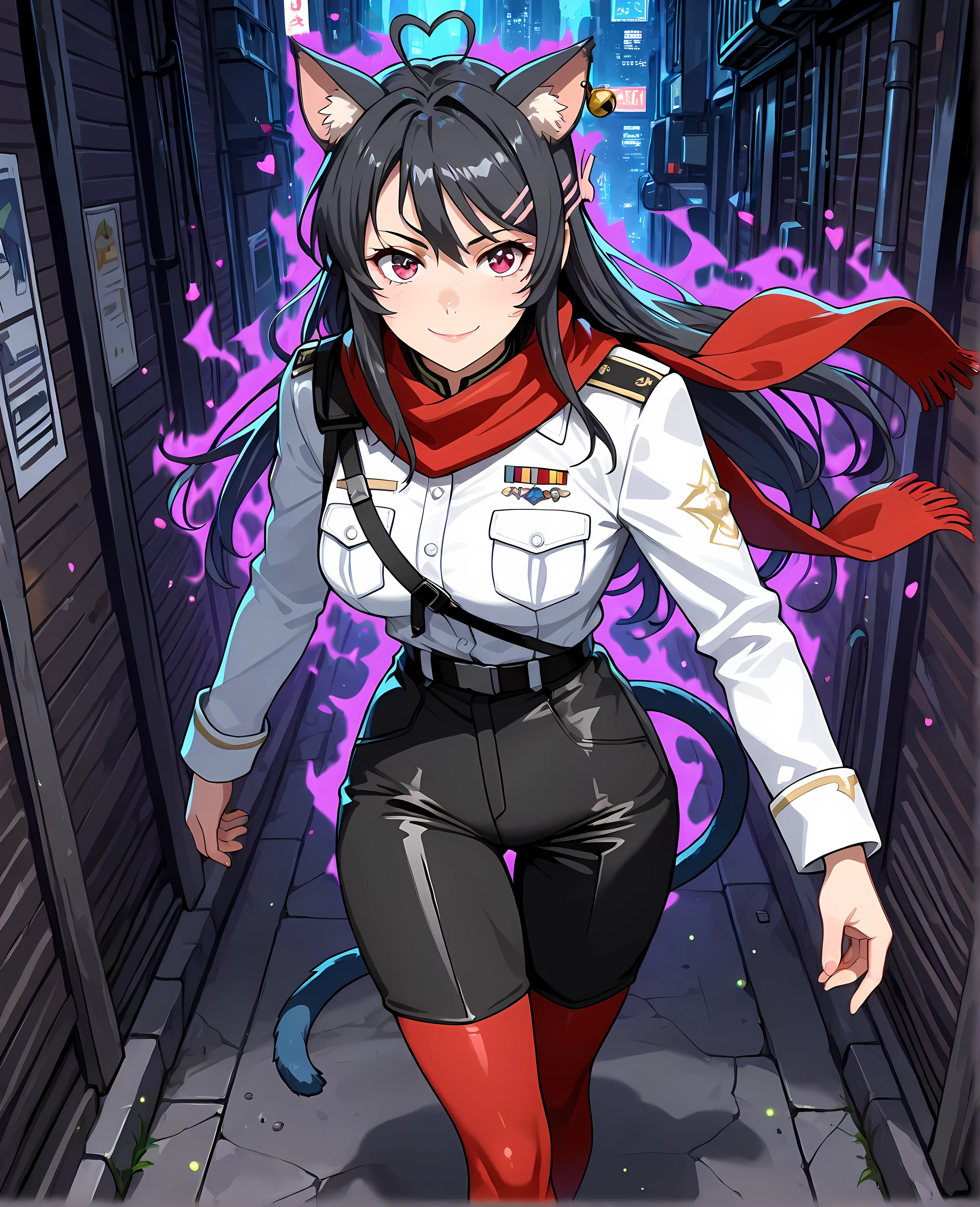 ((cyberpunk style art edgerunners anime, High front angle, ultra-detailed art, dark and technological city, in a dark alley, rats walking on the ground, cyberpunk-style city, bats and fireflies all around, a somber gaze, closed-lip smile, purple aura, an aura of darkness surrounding the body, a shocking scene):1.10), ((1woman alone, A look of malice, an expression of seriousness and confidence, superior pose, blue cat ears, blue cat tail, soft lips, dark aura surrounding him, solo, white army uniform, evil gaze, evil smile, red scarf, black trousers with double pockets and tight on the thighs, woman similar to Mai Sakurajima, tight military uniform blouse on , mist of sweat around, adult body, standind, long dark black hair with blue streaks at the ends, ultra-detailed red eyes, tight red stockings on thighs, medium thighs):1.11), {Mai Sakurajima}:((thin waist, freckles on face, heart-shaped ahoge, pink lips, feline bell on neck):1.05), ((Ano Ko no Kawari ni Suki na Dake artist style:1.12, Yareruko! Densha body style:1.12, Kasshoku Bakunyuu x Pocchari Jukujosou 2 ~Kuso !! Mesubuta 2-hiki wa Ore no Chinpo Dorei!! ~ body style:1.12, Hyakkano anime style:1.12, hot glowing skin:1.05)).